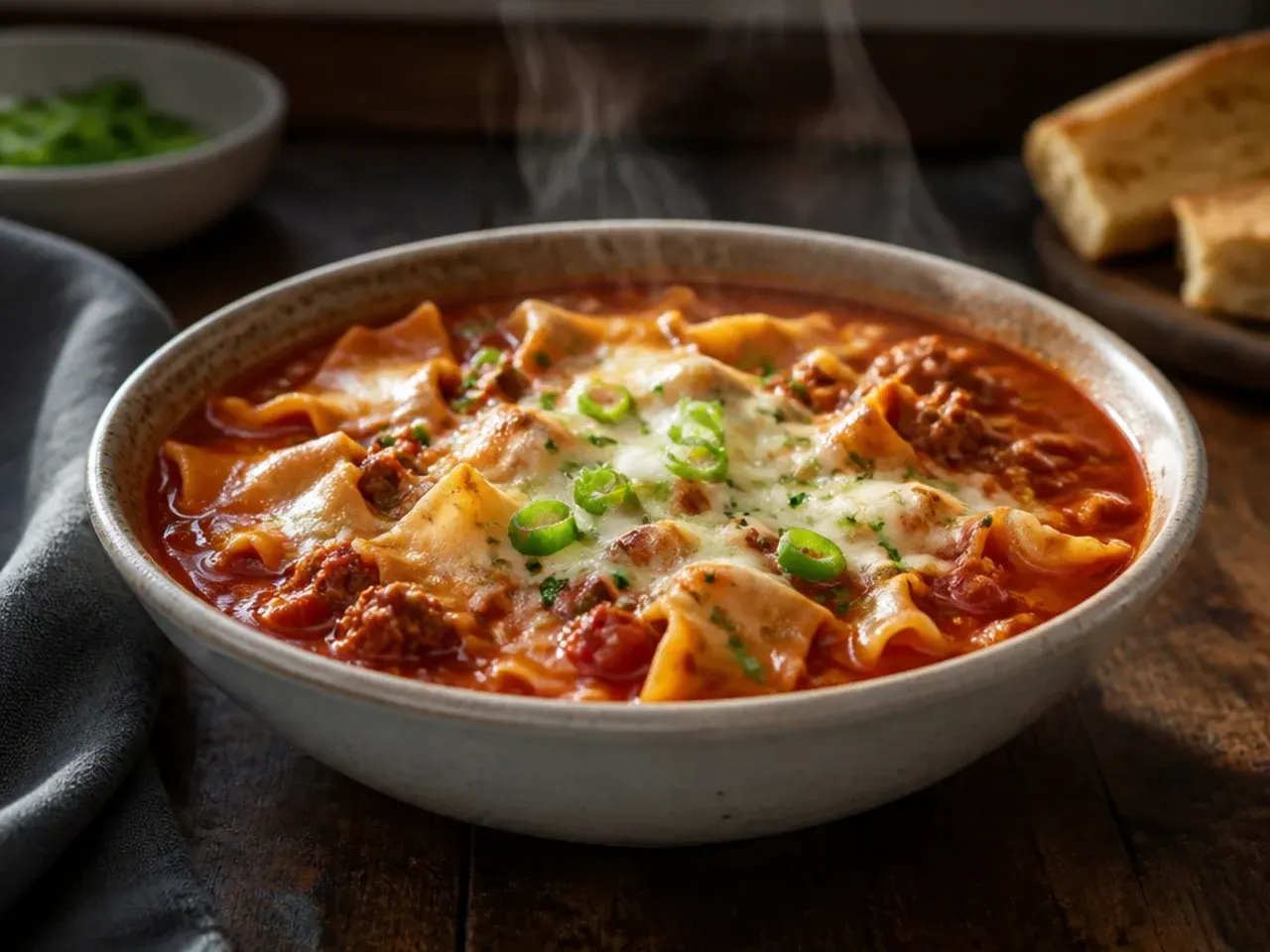 Deep, dark umami-rich lasagna soup with a parmesan rind