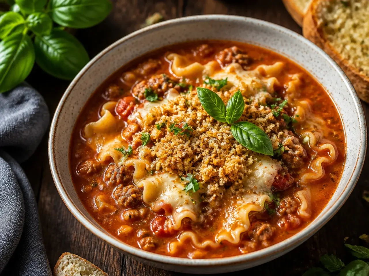 One-pot stovetop lasagna soup simmering in a large pot