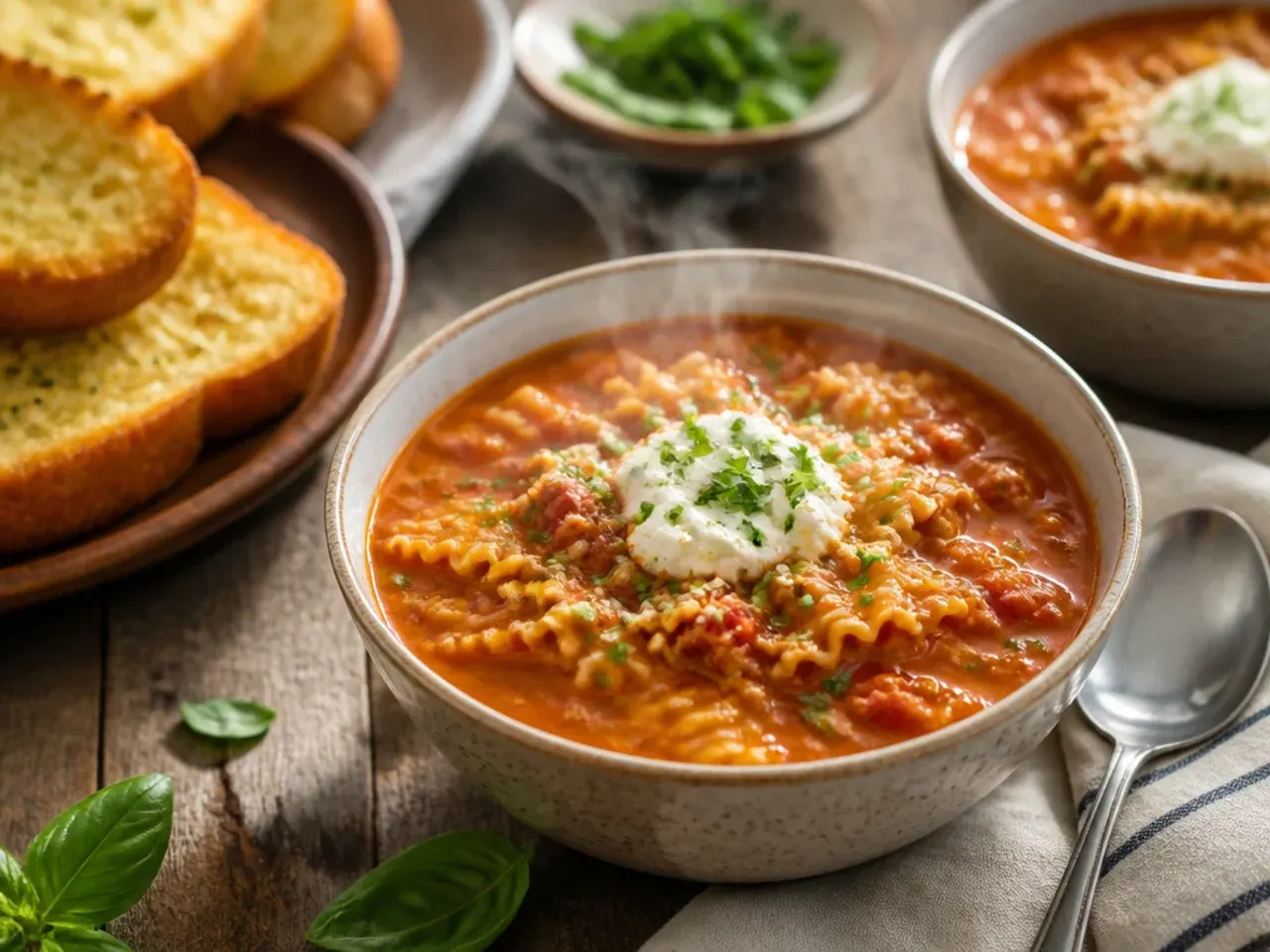 Table set with bowls of lasagna soup, garlic bread and a green salad