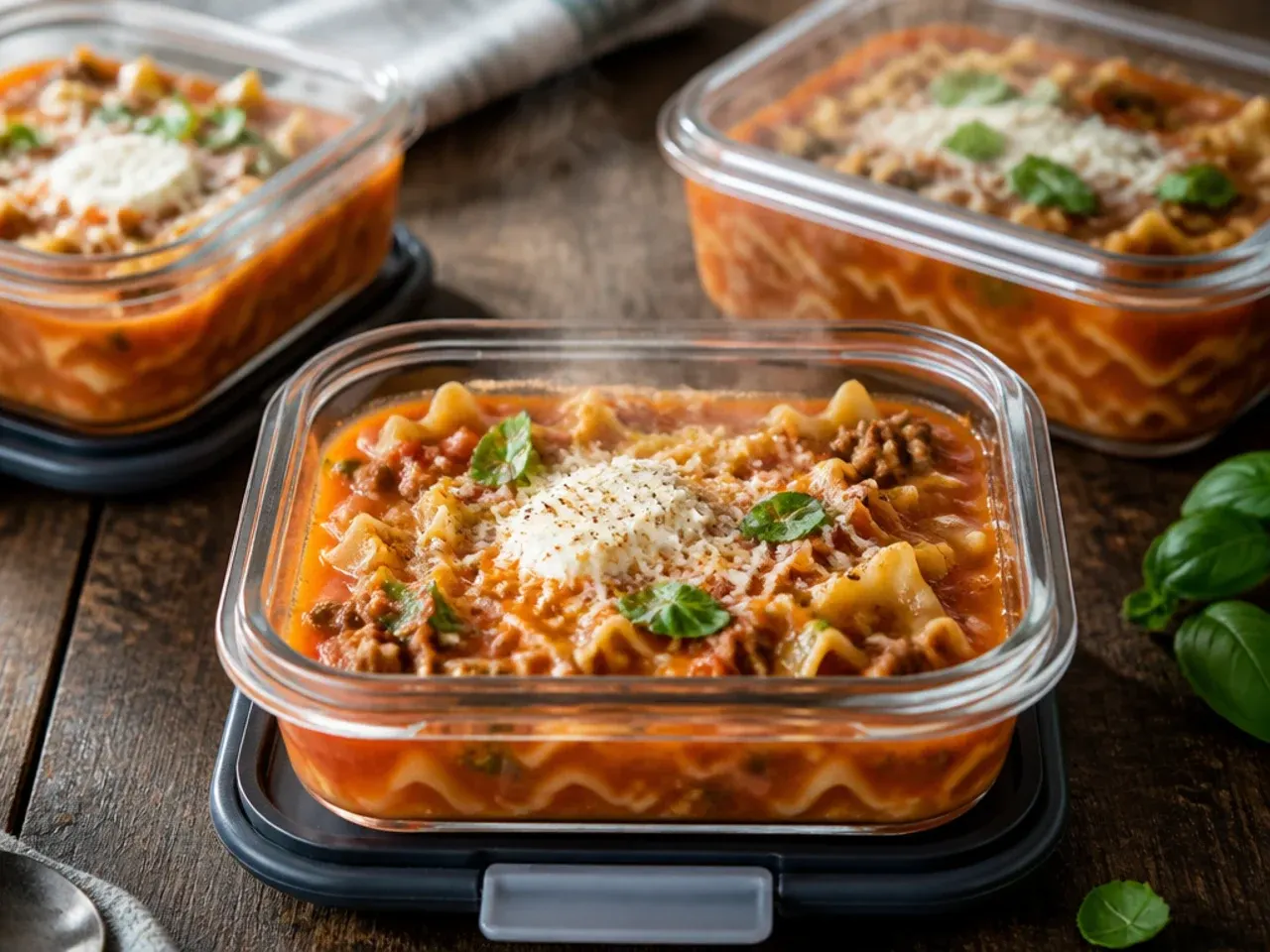 Airtight containers of lasagna soup stored in the fridge for leftovers