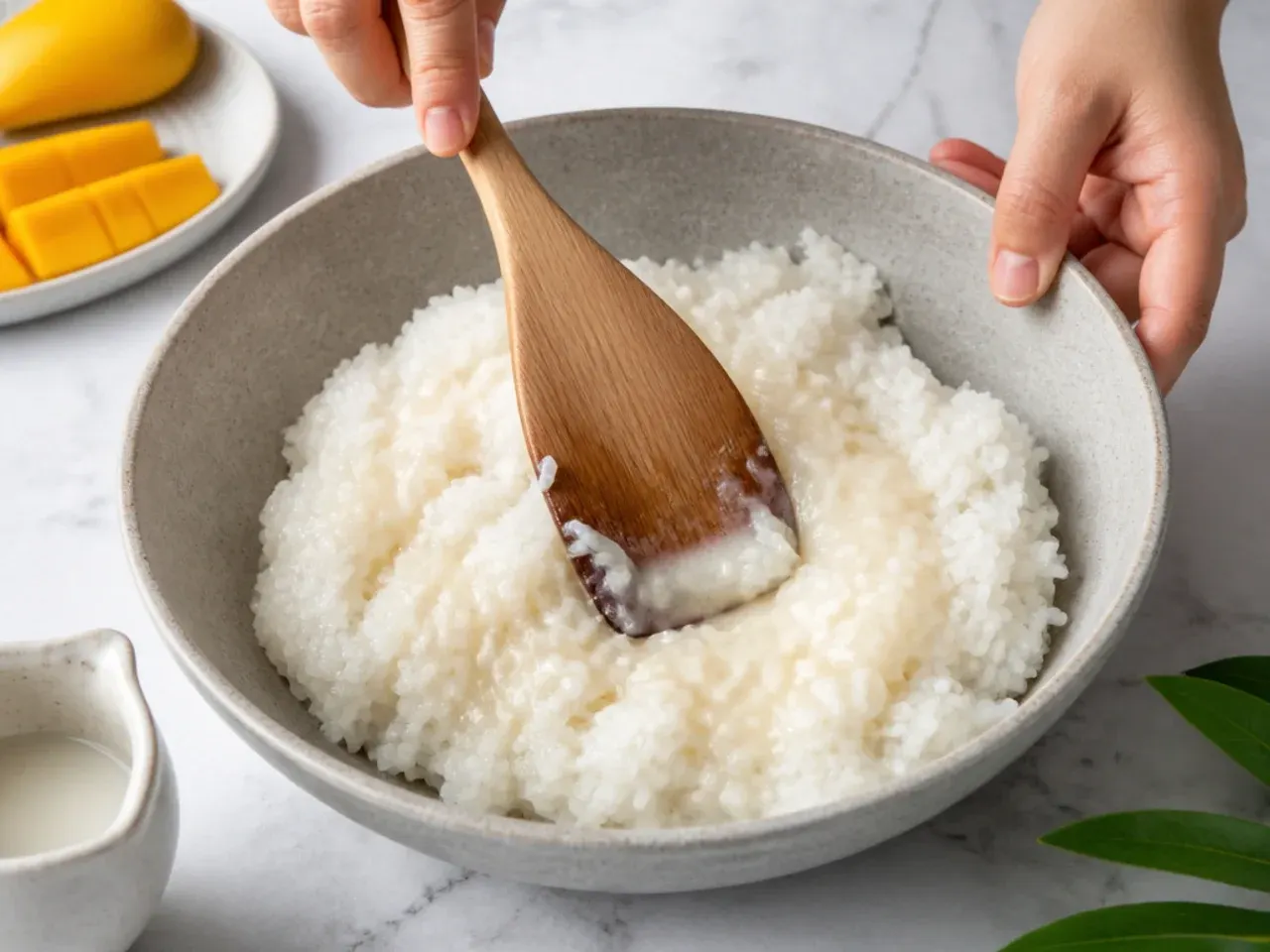 easy mango sticky rice — step 4: fold sauce into the hot rice