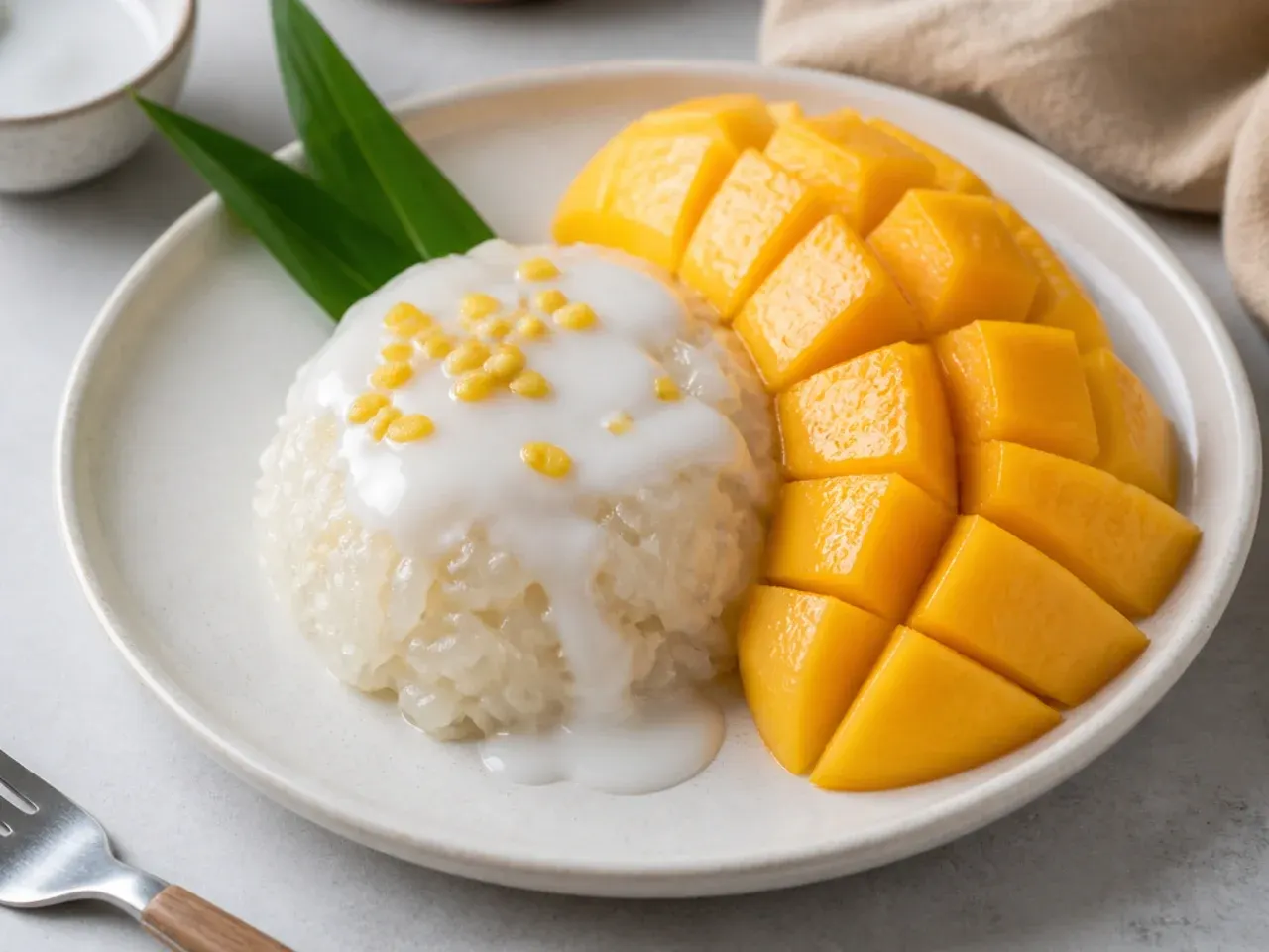 Plate of easy mango sticky rice with coconut sauce and fresh mango slices