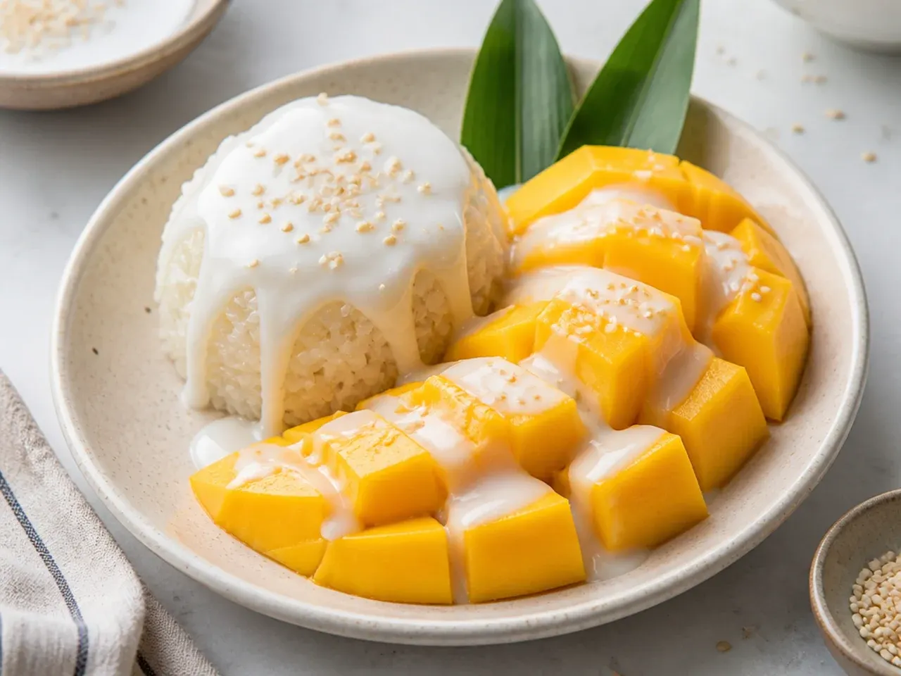 Classic Thai easy mango sticky rice with coconut drizzle and sesame seeds