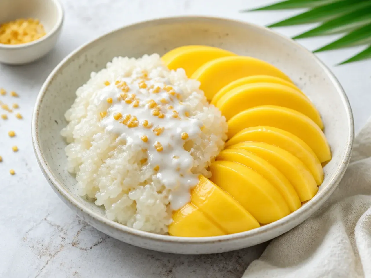 Quick microwave easy mango sticky rice in a bowl with mango slices