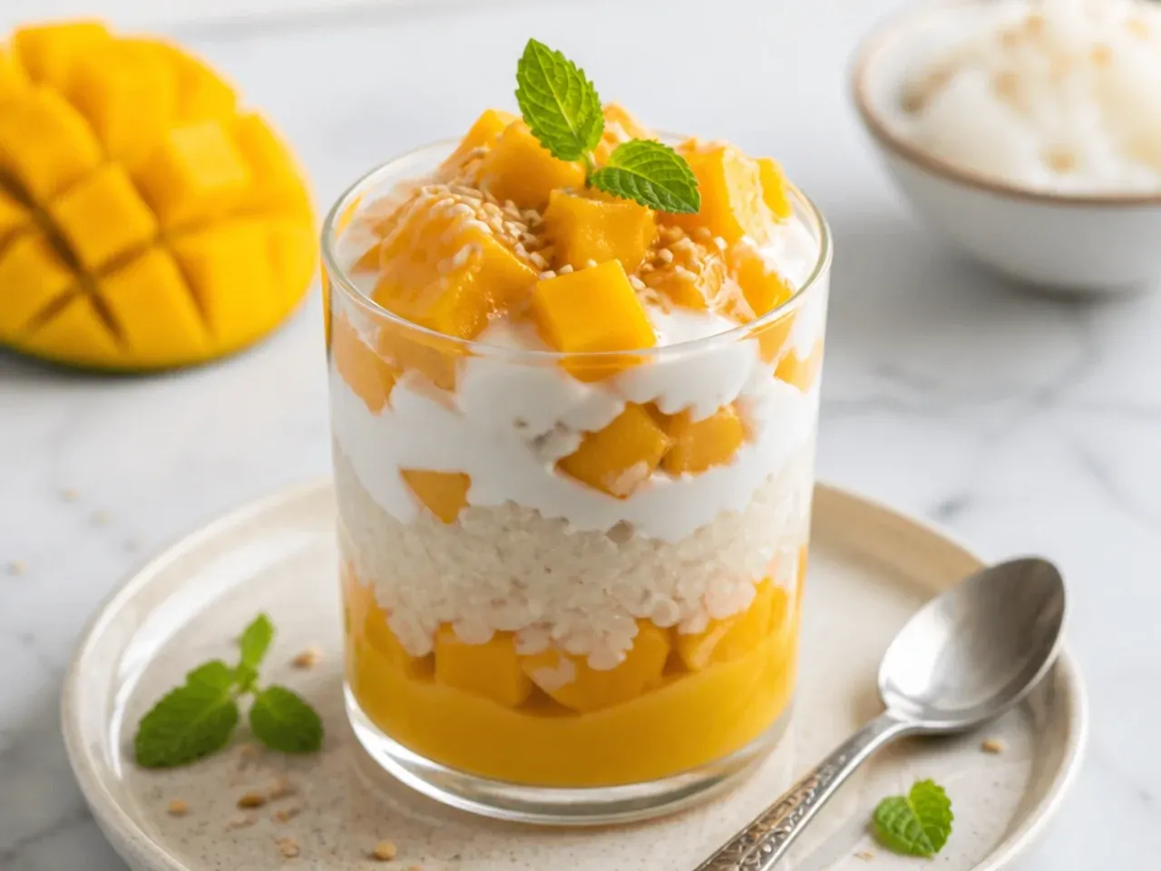 Layered easy mango sticky rice parfait in a glass with coconut cream