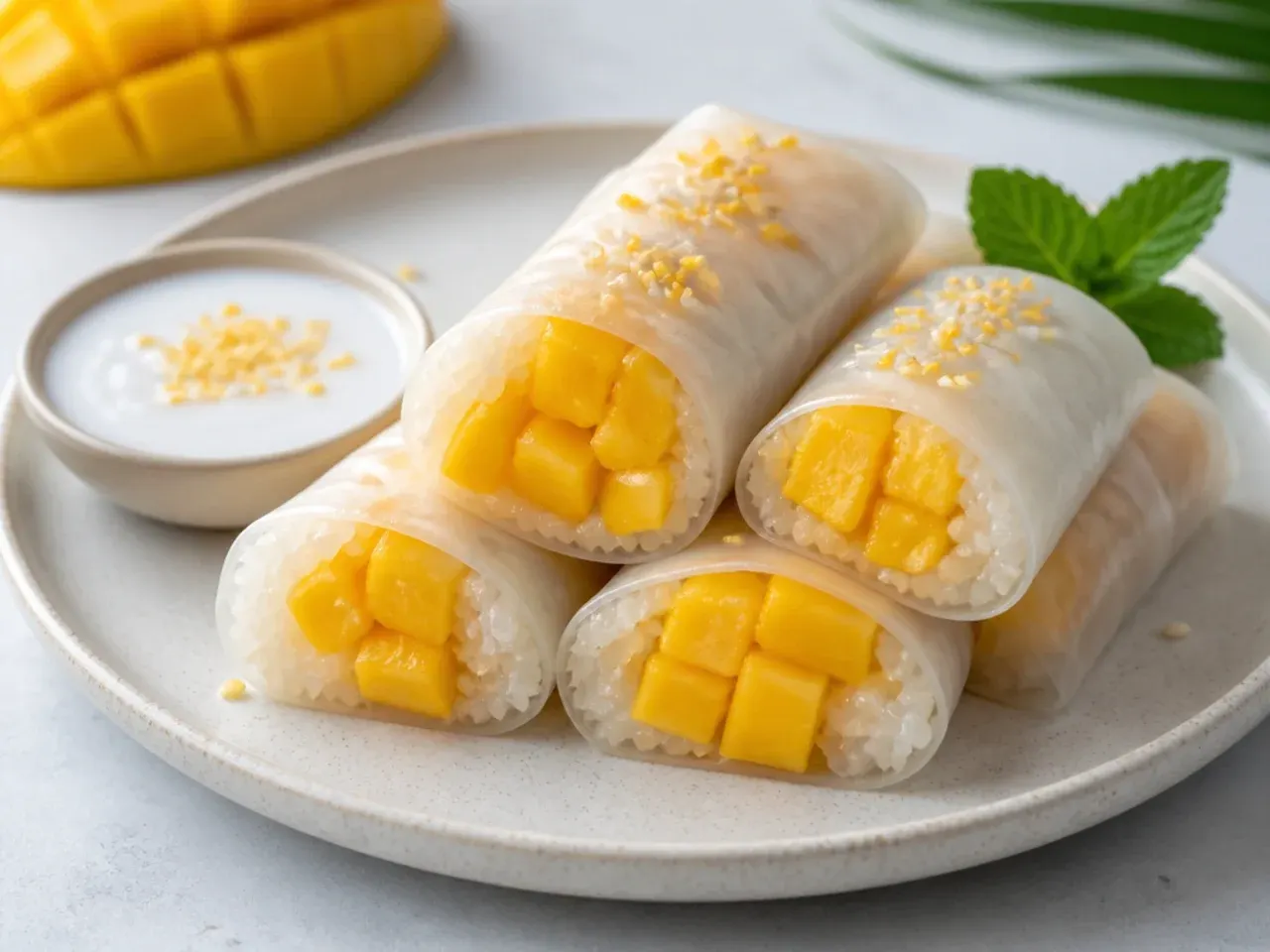 Easy mango sticky rice spring rolls sliced to show mango filling