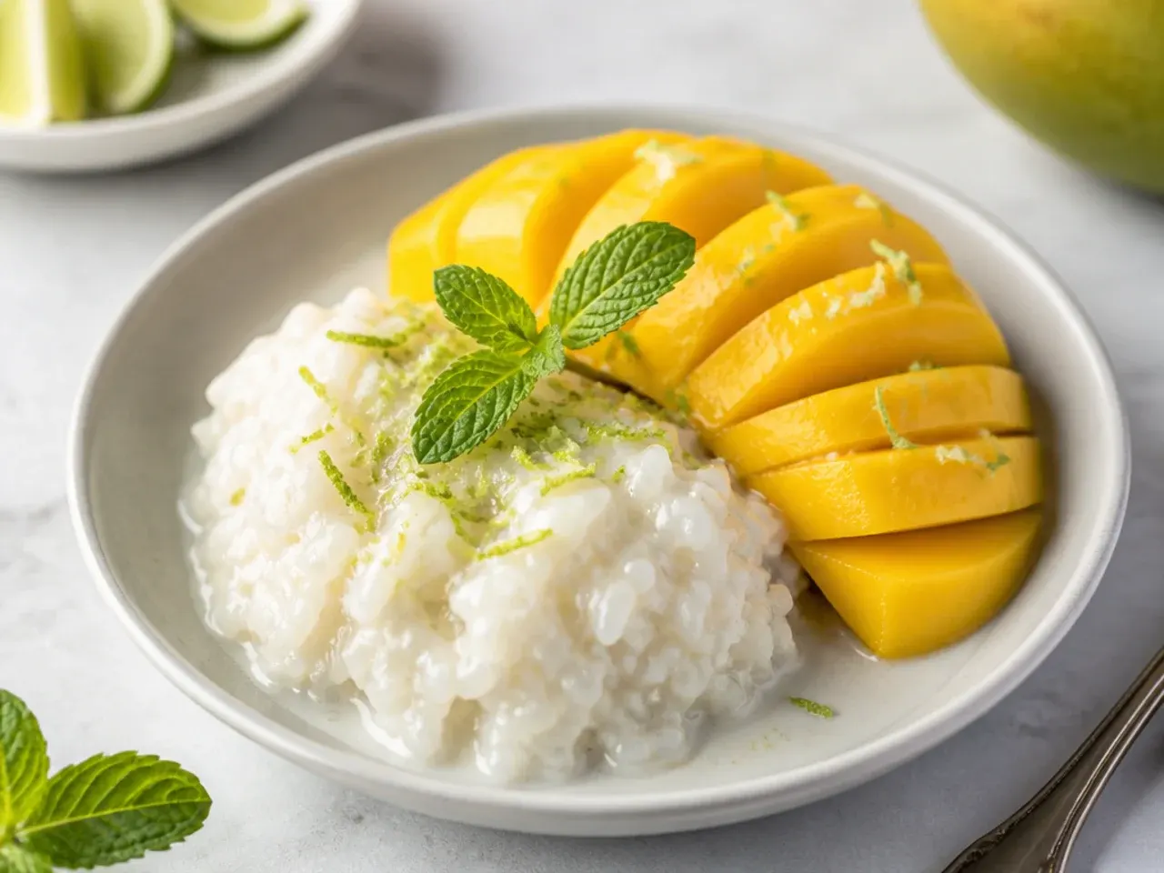 Modern coconut-lime easy mango sticky rice topped with lime zest and mint