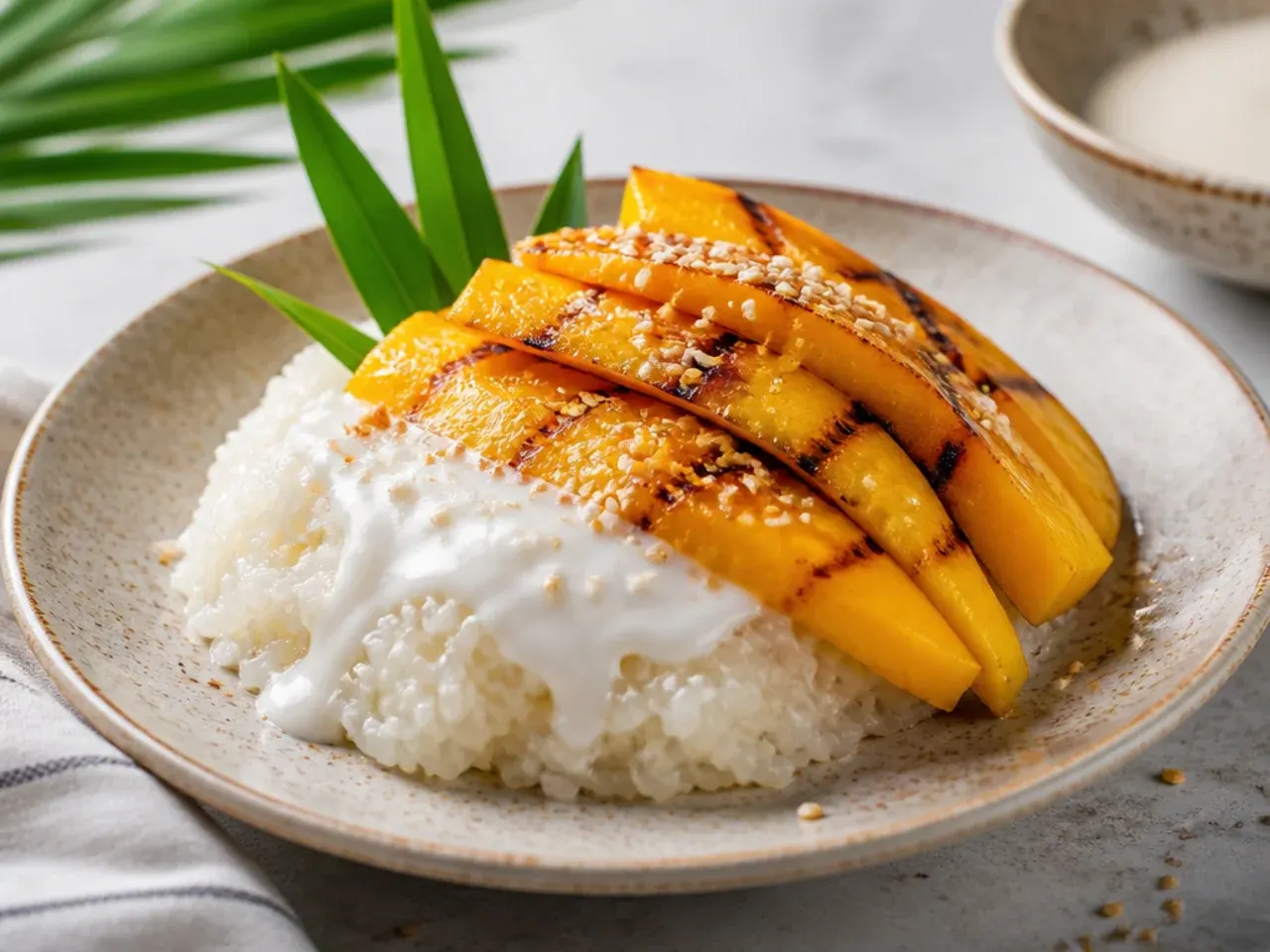 Rustic grilled mango over easy mango sticky rice with char marks