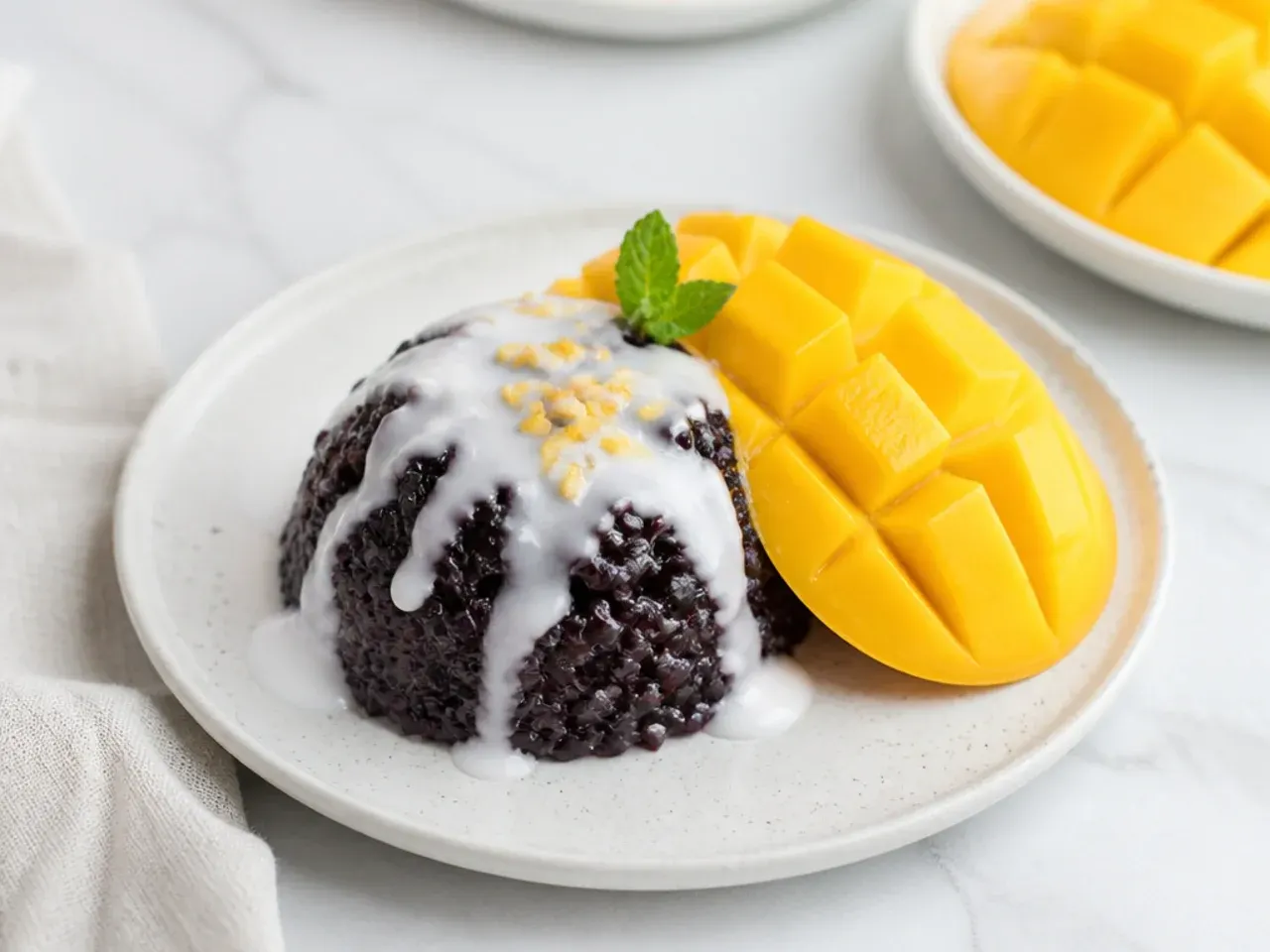 Colorful black sticky rice with mango and coconut cream drizzle