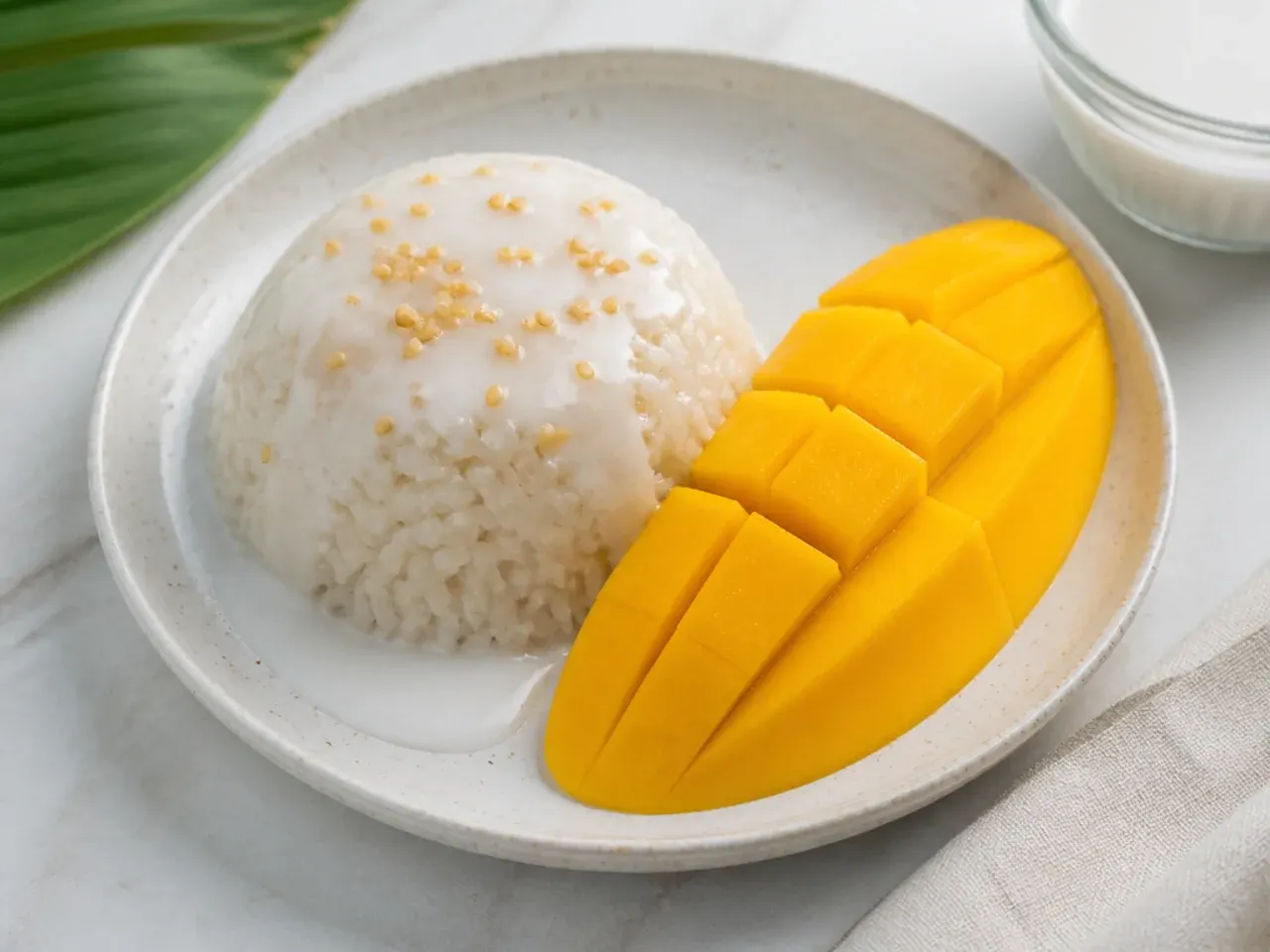 Minimal three-ingredient easy mango sticky rice with clean mango slices
