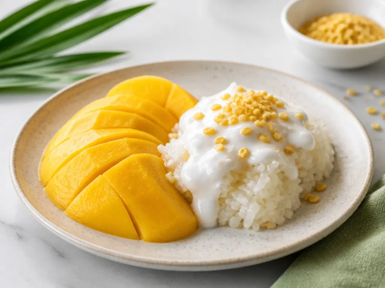 Festive easy mango sticky rice topped with toasted yellow mung beans