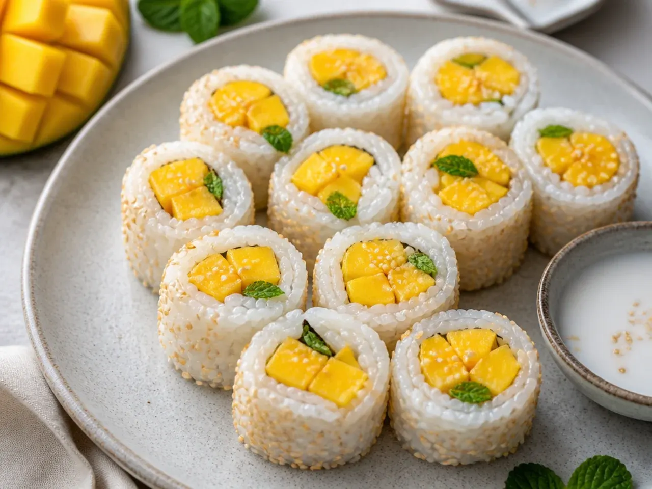 Whimsical easy mango sticky rice sushi rolls sliced into pinwheels