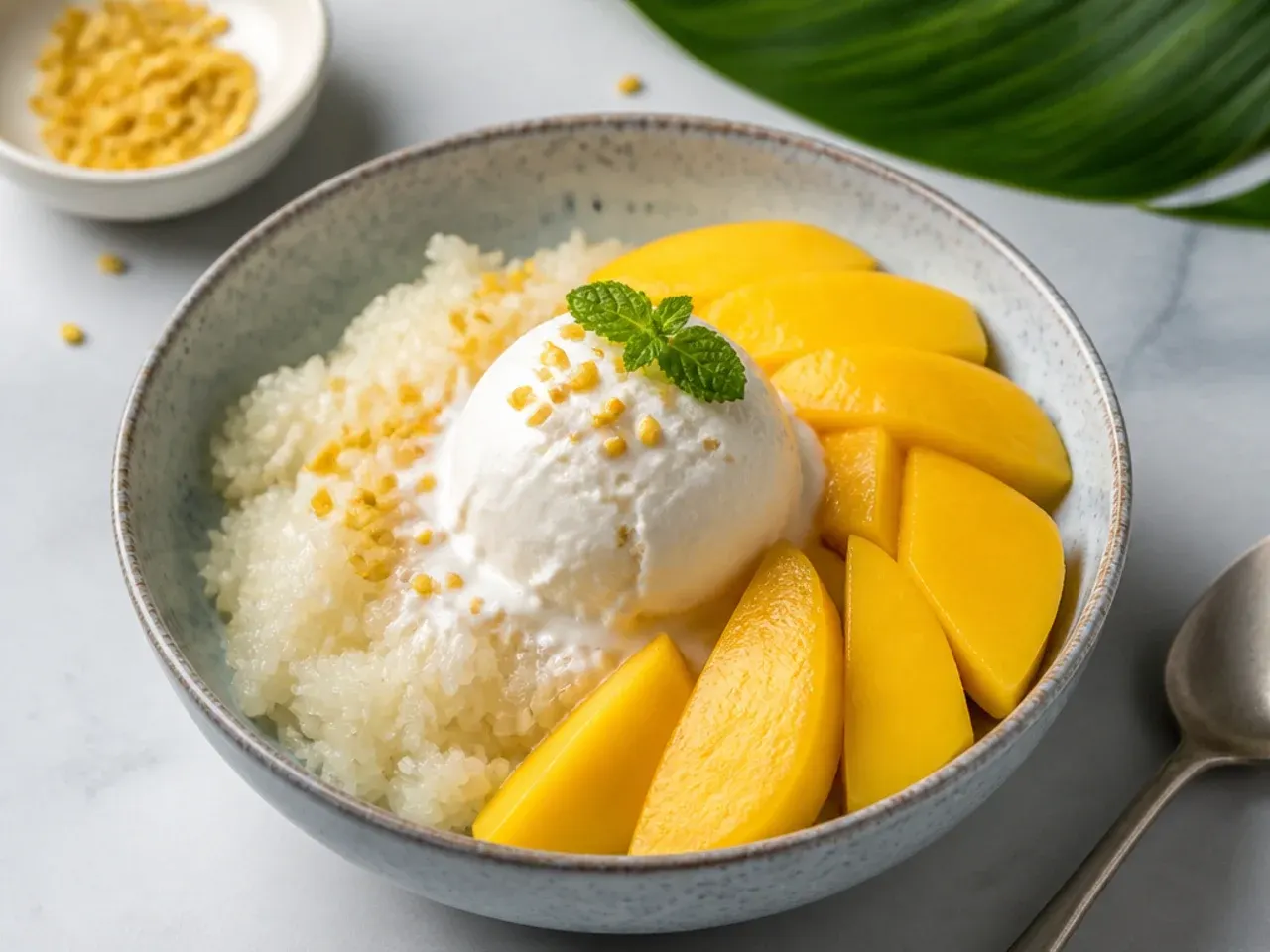Bold easy mango sticky rice bowl with a scoop of coconut ice cream
