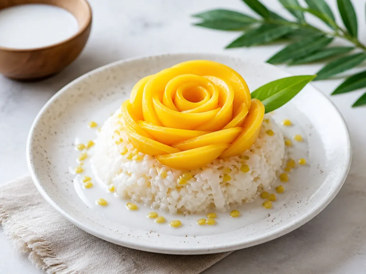 Delicate mango rose arranged on top of easy mango sticky rice