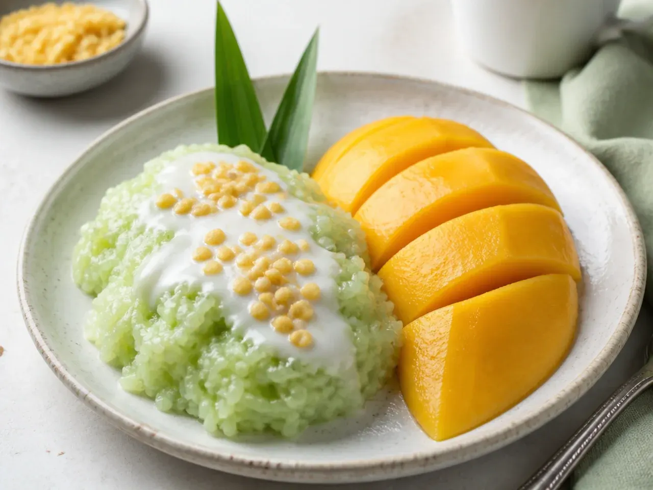 Vintage pandan-scented easy mango sticky rice with green-tinted coconut rice