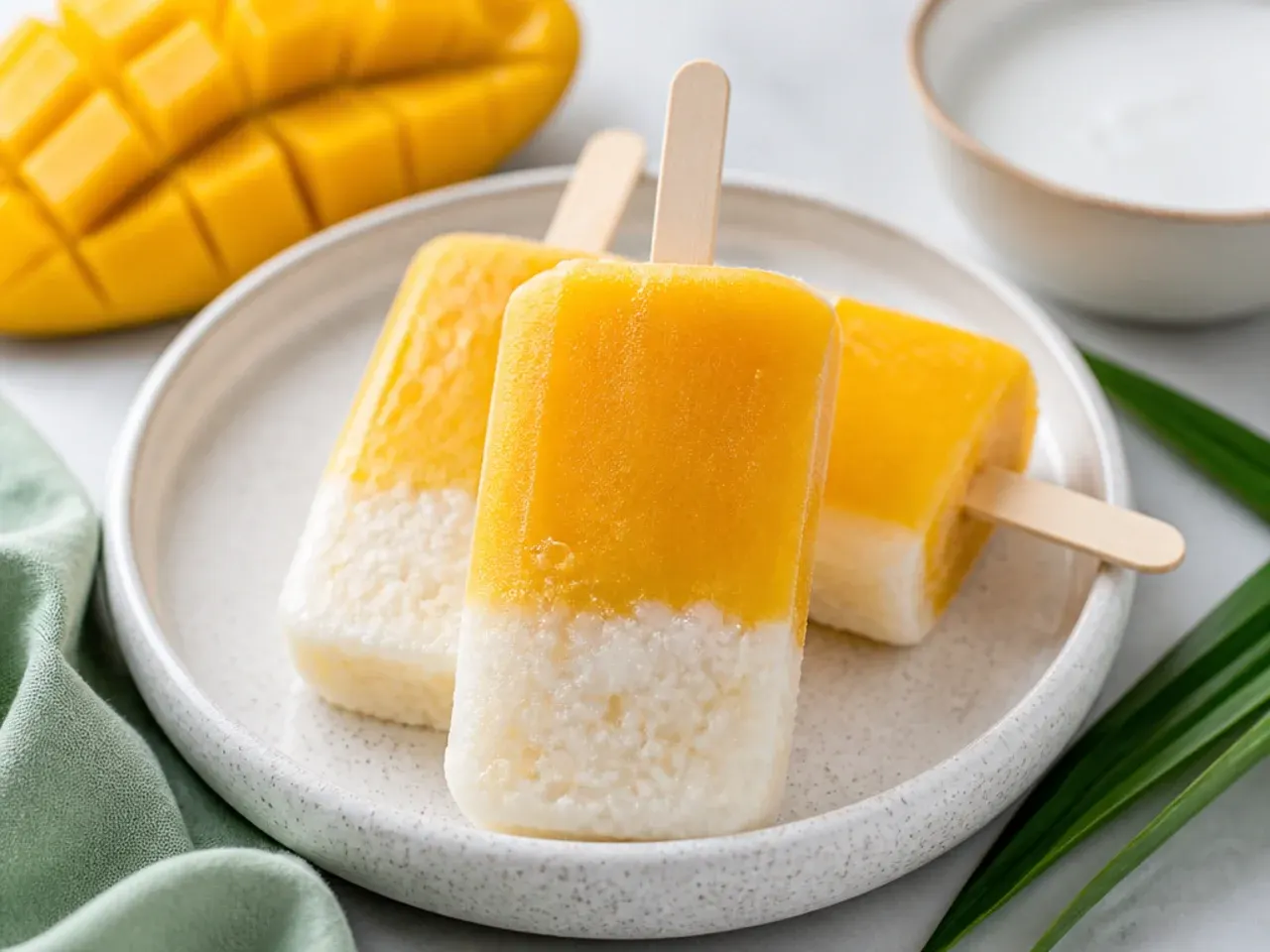 Creative easy mango sticky rice popsicles with coconut and mango layers