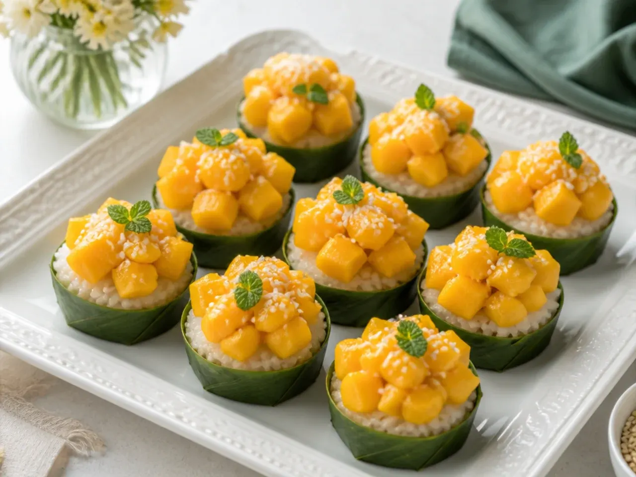 Charming mini easy mango sticky rice cups on a party platter