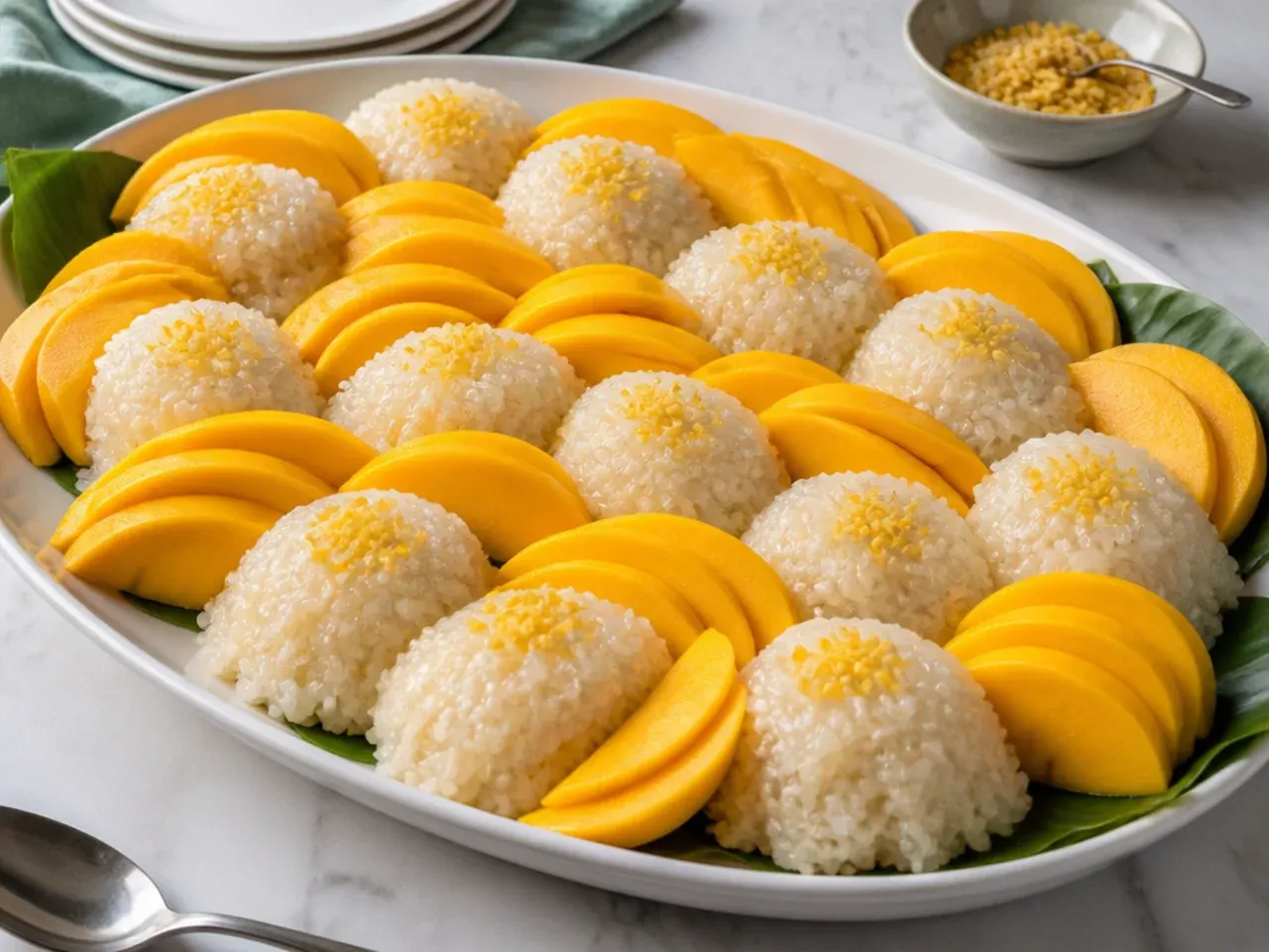 Big batch classic easy mango sticky rice on a platter for a crowd