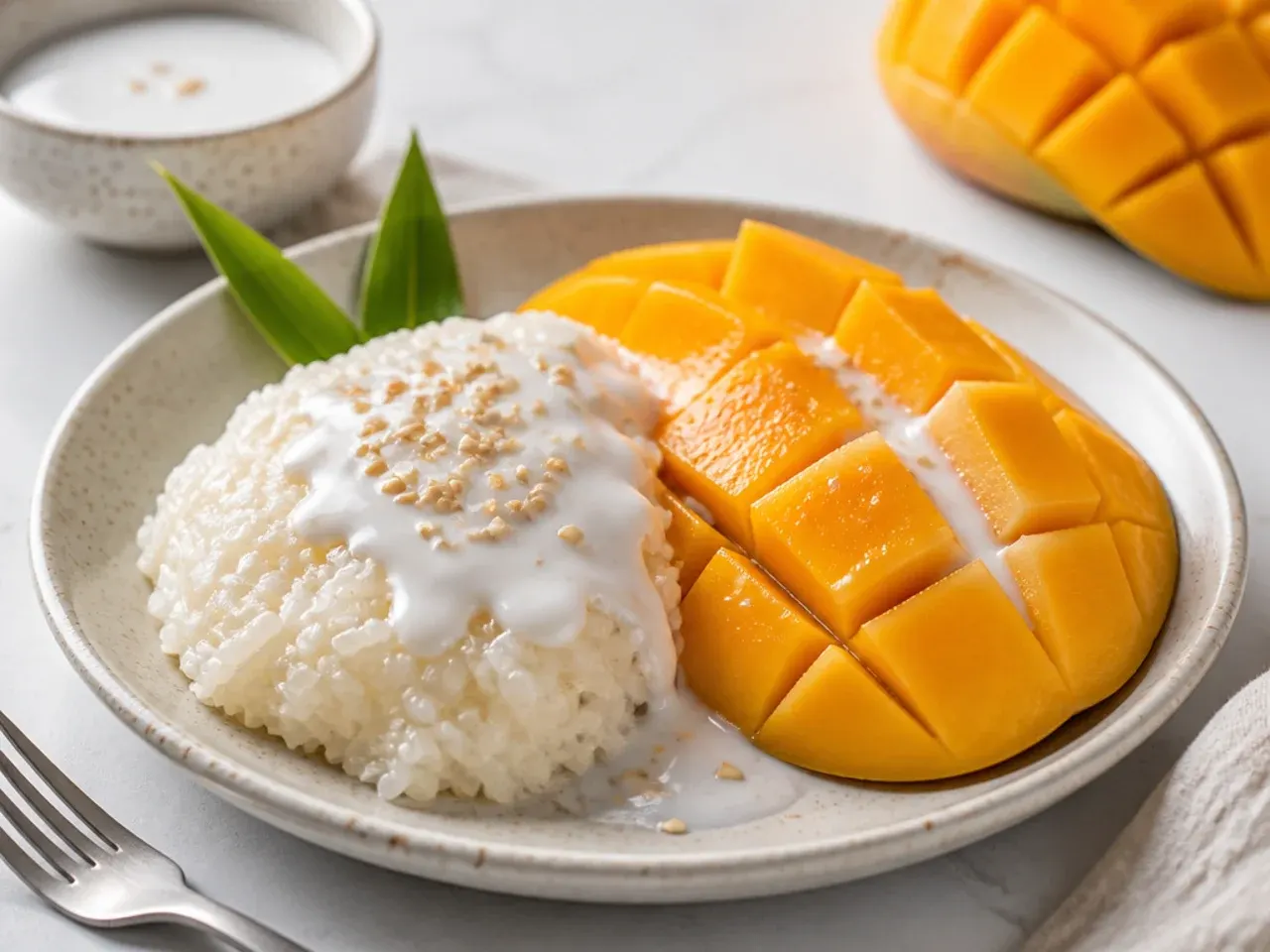 Easy no-steamer rice cooker mango sticky rice with coconut and mango