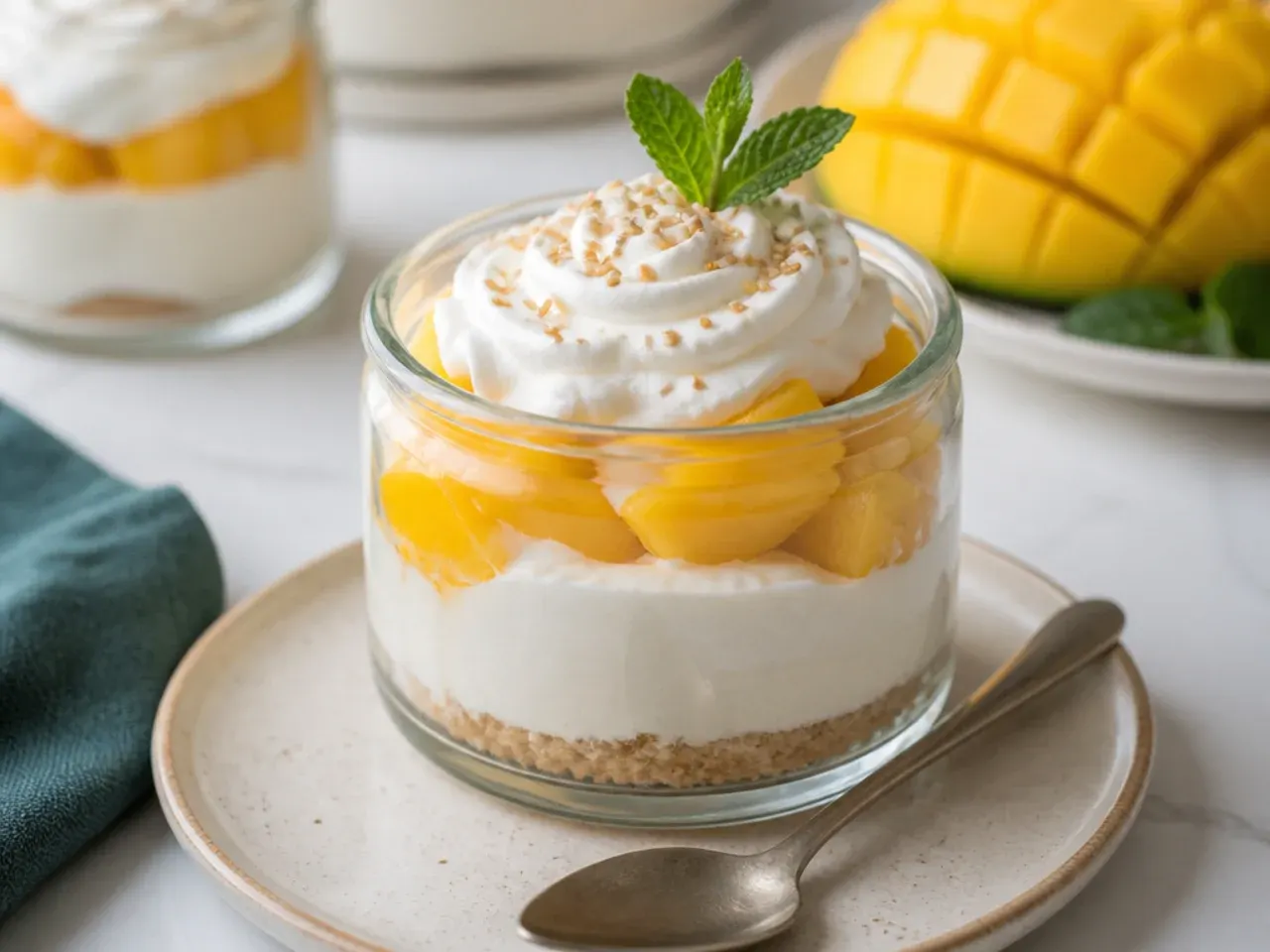 Elegant easy mango sticky rice cheesecake jars with coconut cream layers