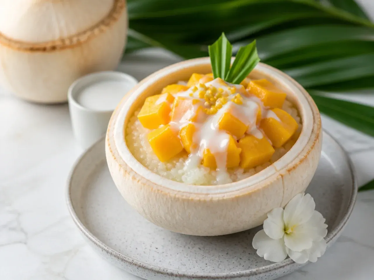 Playful easy mango sticky rice served in a fresh coconut shell bowl
