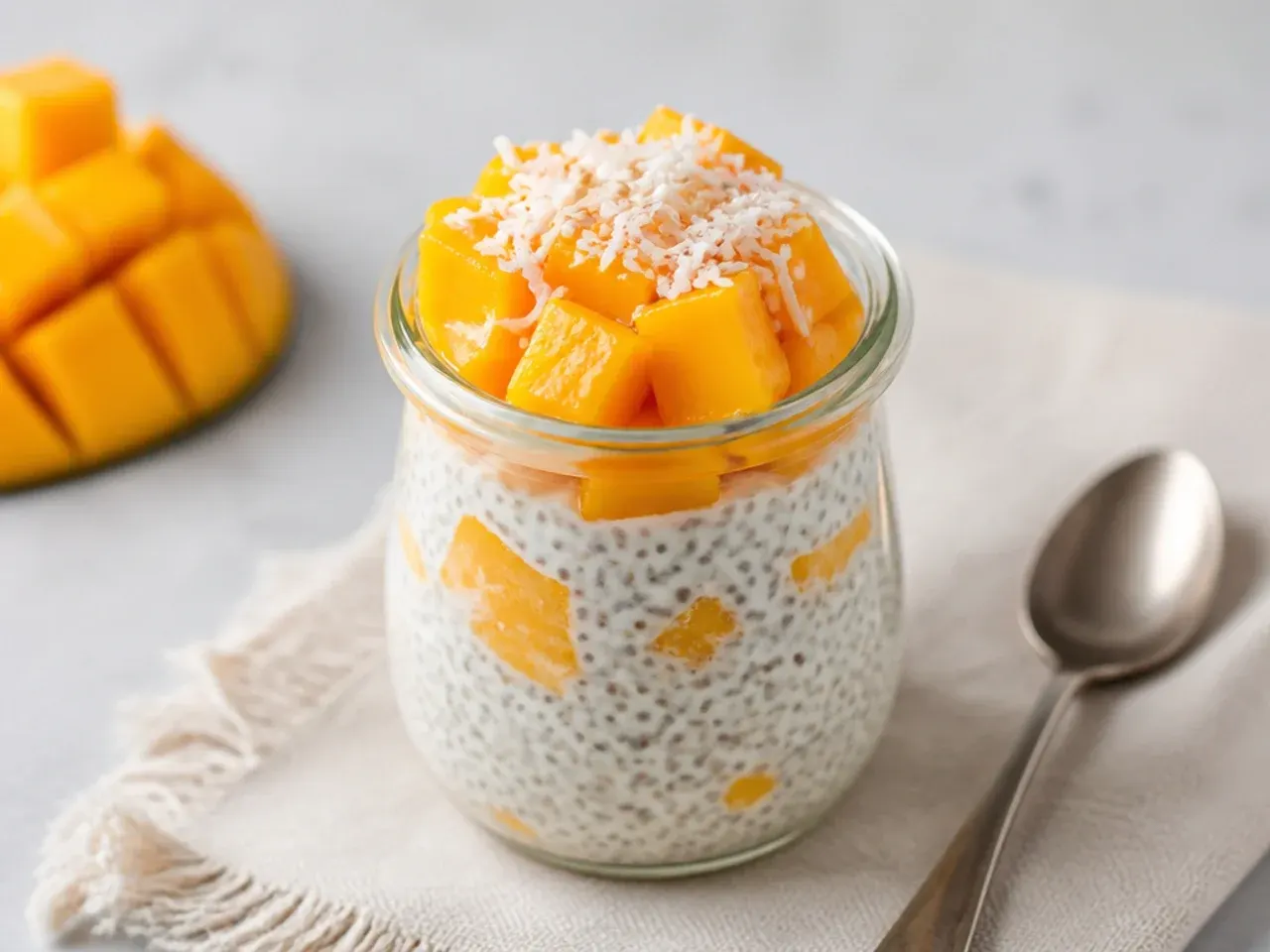 Modern easy mango sticky rice overnight breakfast jars with chia and mango