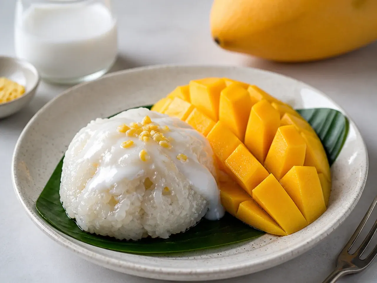 Pro tips for easy mango sticky rice showing glutinous rice and coconut milk