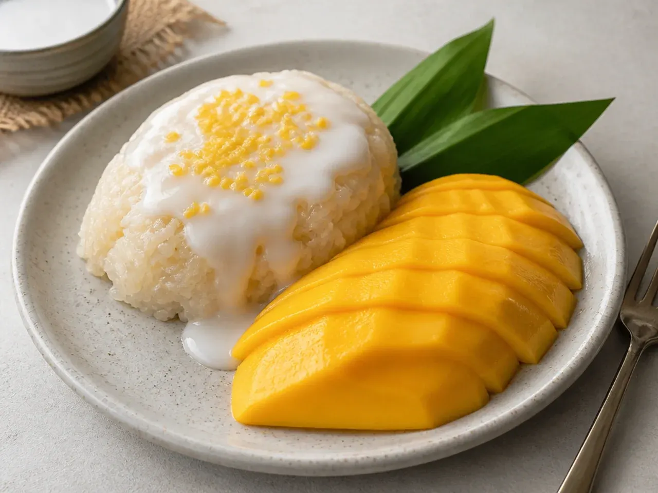 Serving suggestion for easy mango sticky rice with coconut sauce and mango