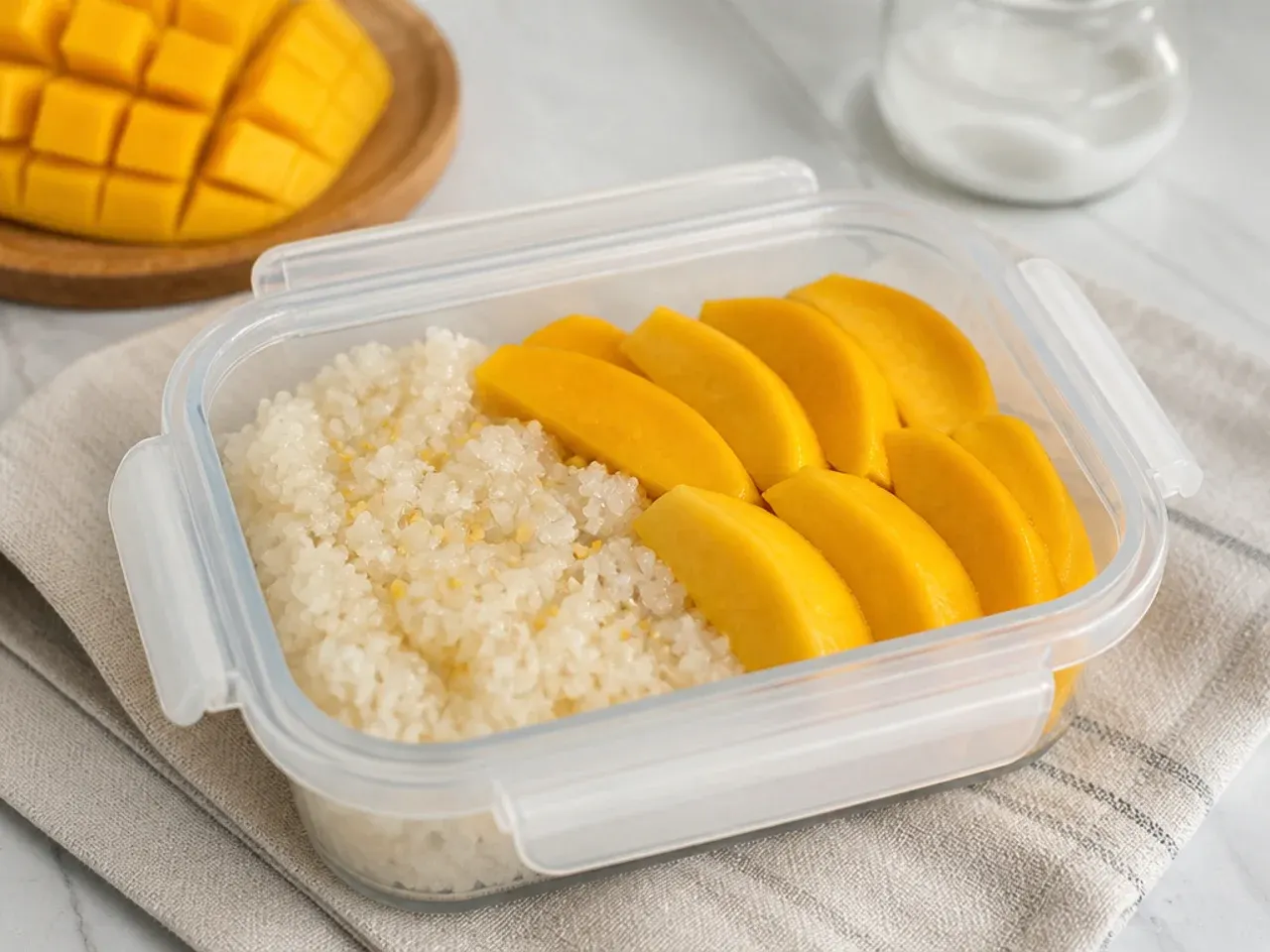 Storing easy mango sticky rice in an airtight container with fresh mango