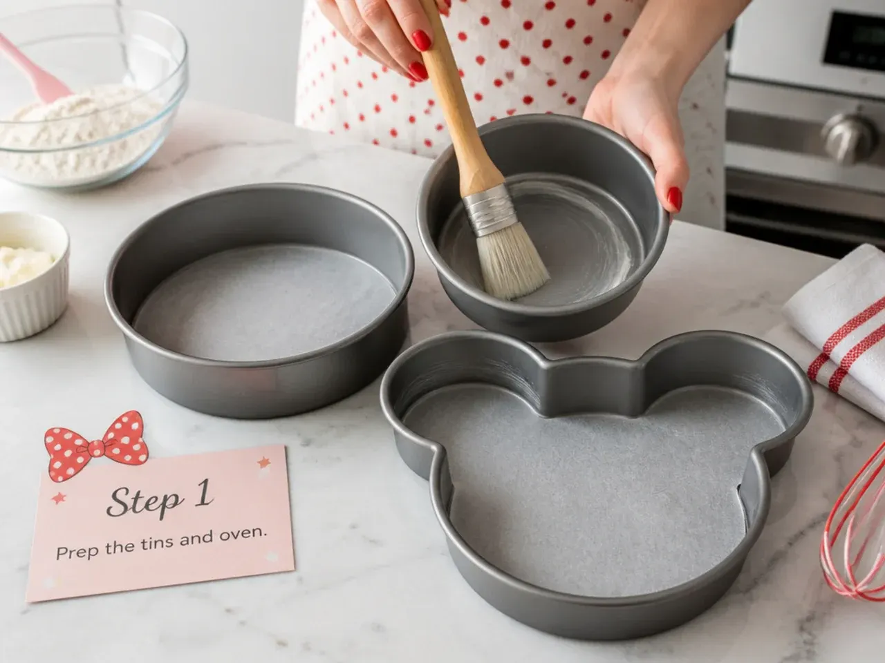 easy minnie mouse cake — step 1: prep the tins and oven