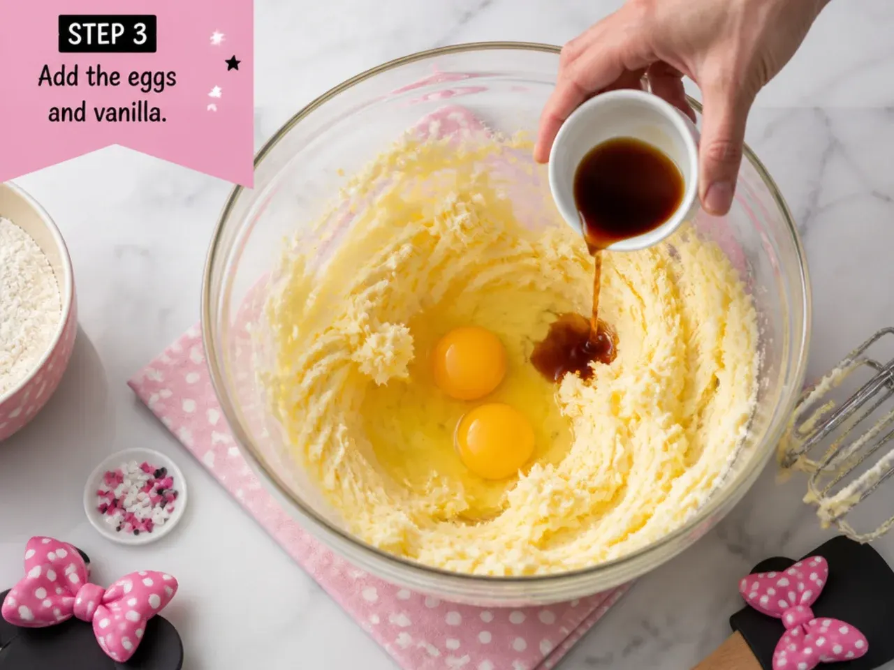 easy minnie mouse cake — step 3: add the eggs and vanilla