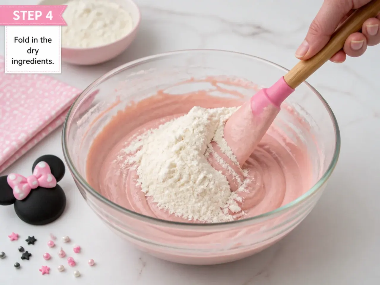 easy minnie mouse cake — step 4: fold in the dry ingredients