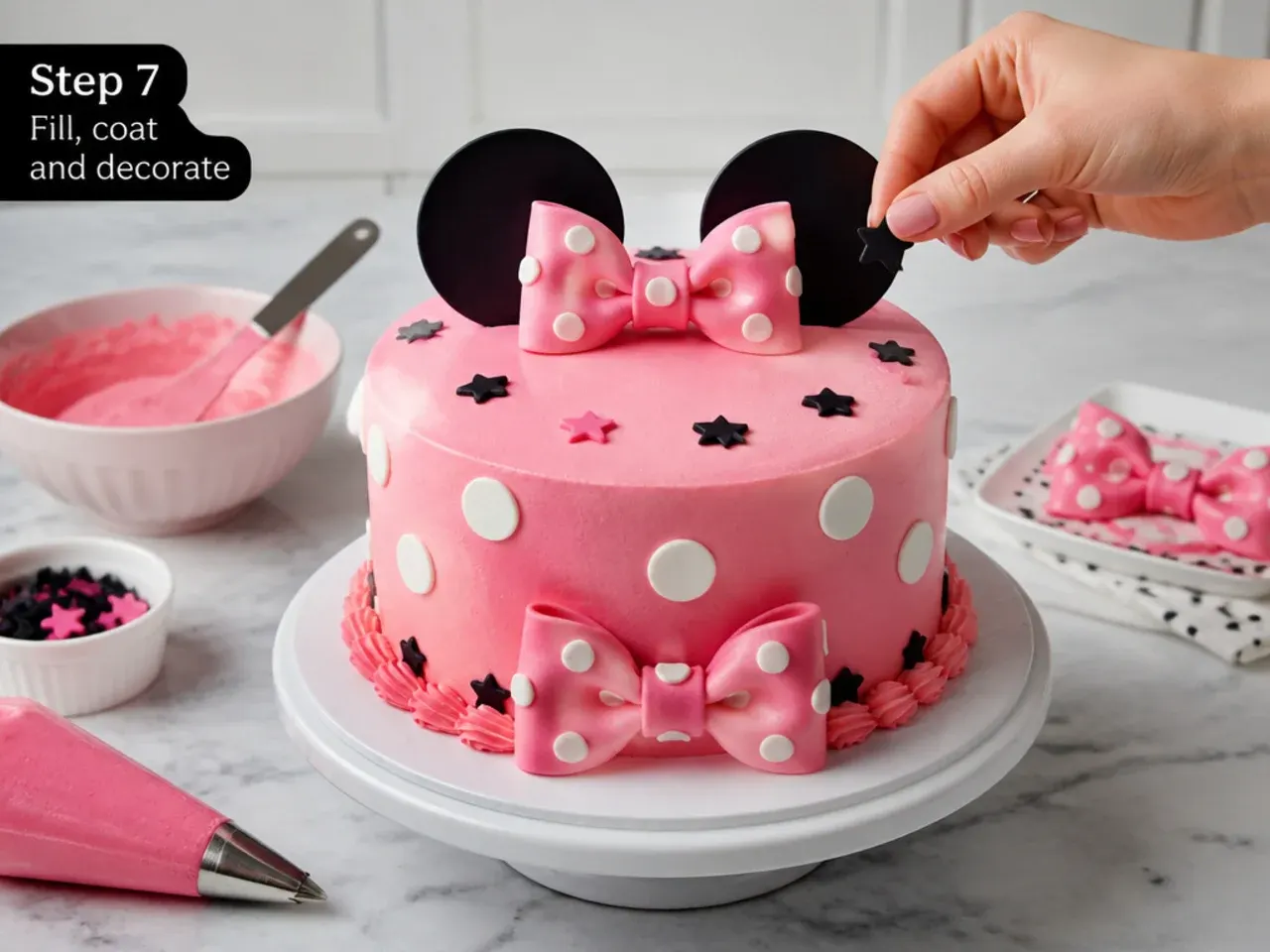 easy minnie mouse cake — step 7: fill, coat and decorate