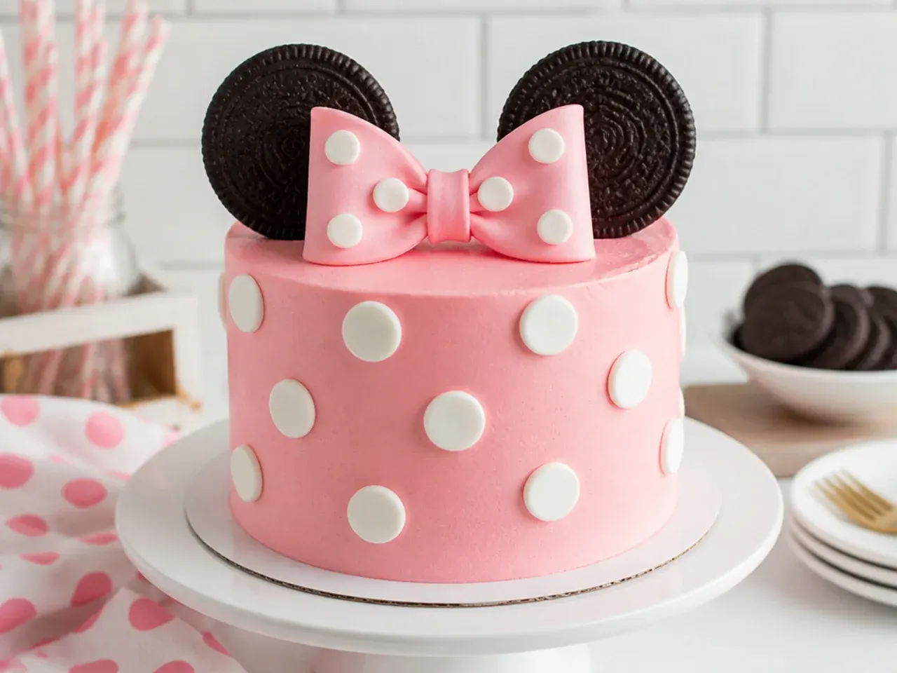 Easy Minnie Mouse cake with pink buttercream, white polka dots and cookie ears