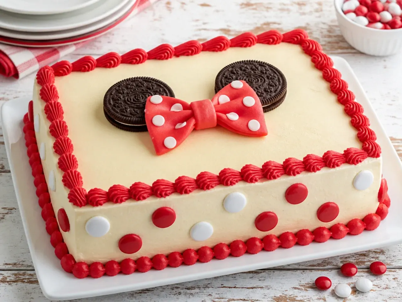Simple Minnie Mouse sheet cake with candy polka dots and cookie ears
