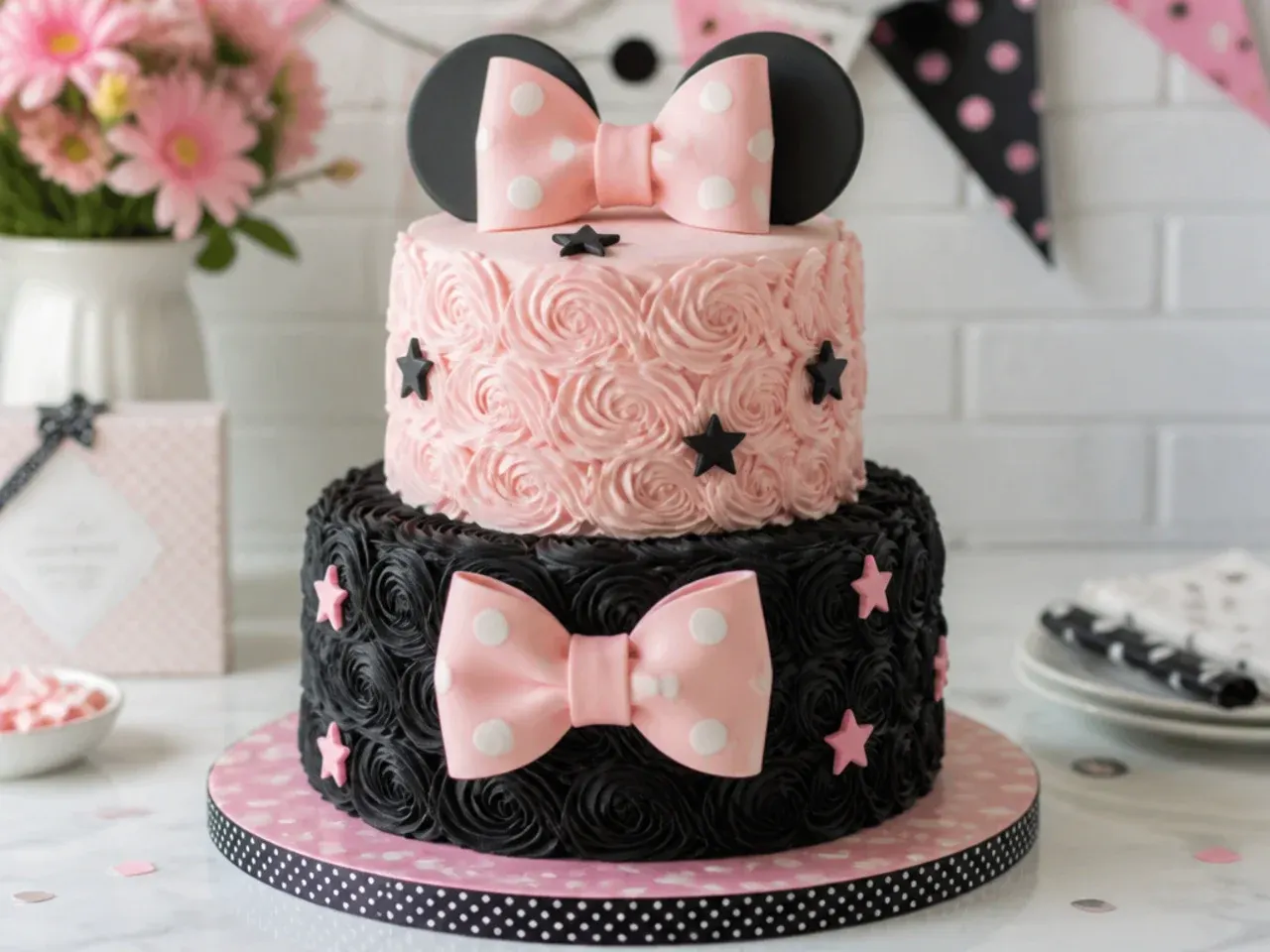 Two-tier Minnie Mouse birthday cake with buttercream rosettes in blush pink and black