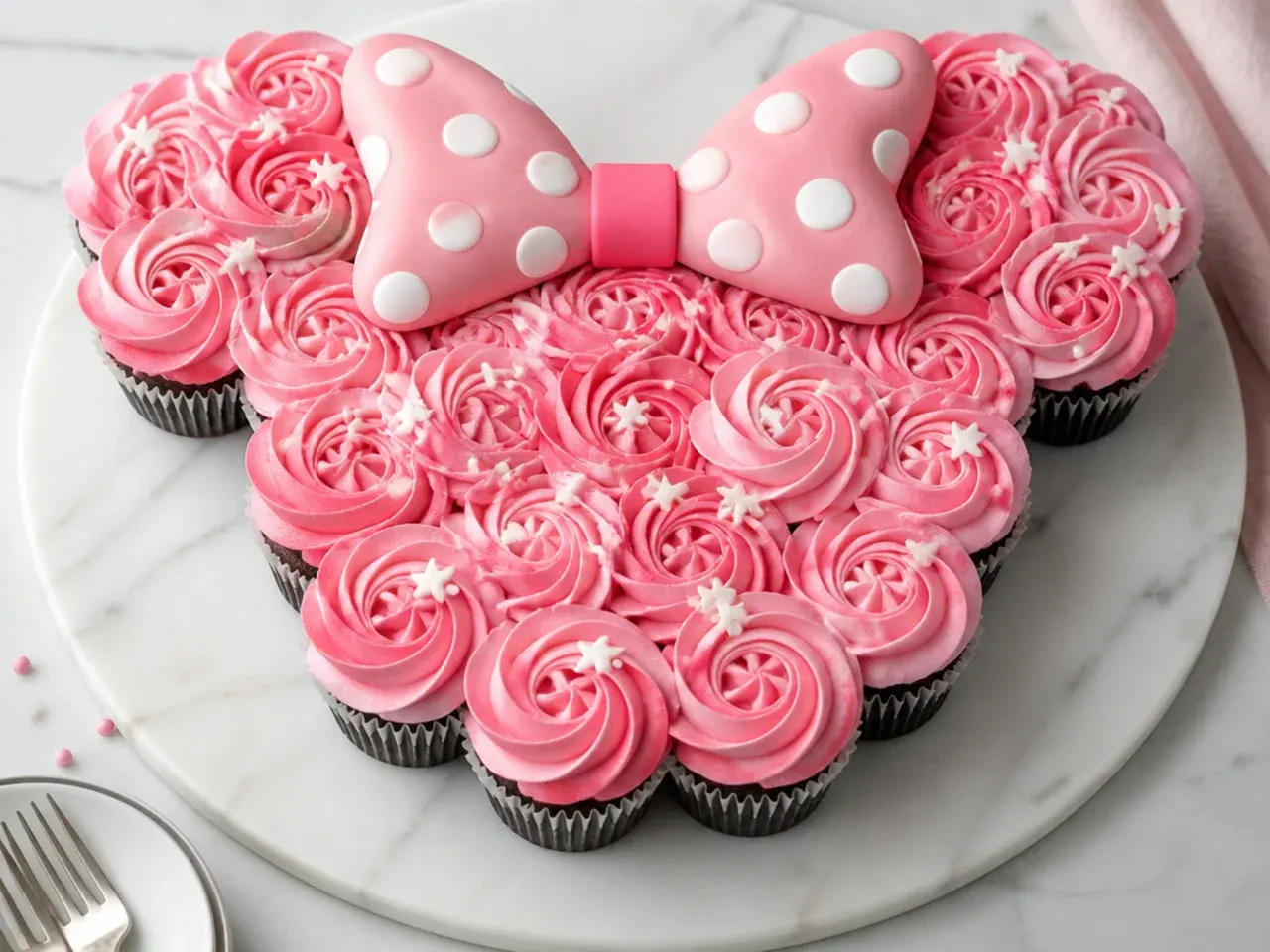 Minnie Mouse pull-apart cupcake cake shaped like ears with pink swirls