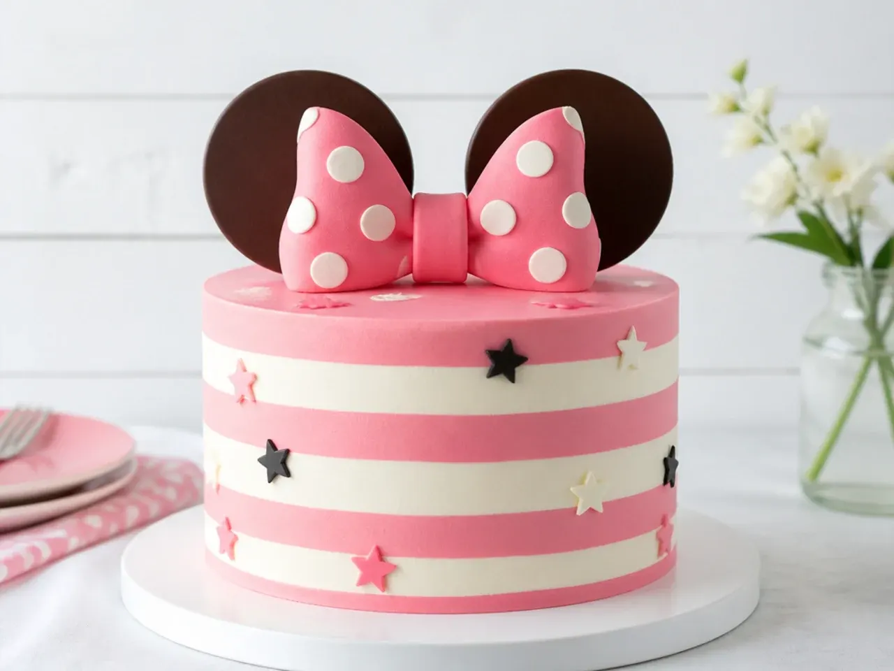 Modern striped Minnie Mouse cake with pink and white comb stripes and chocolate ears
