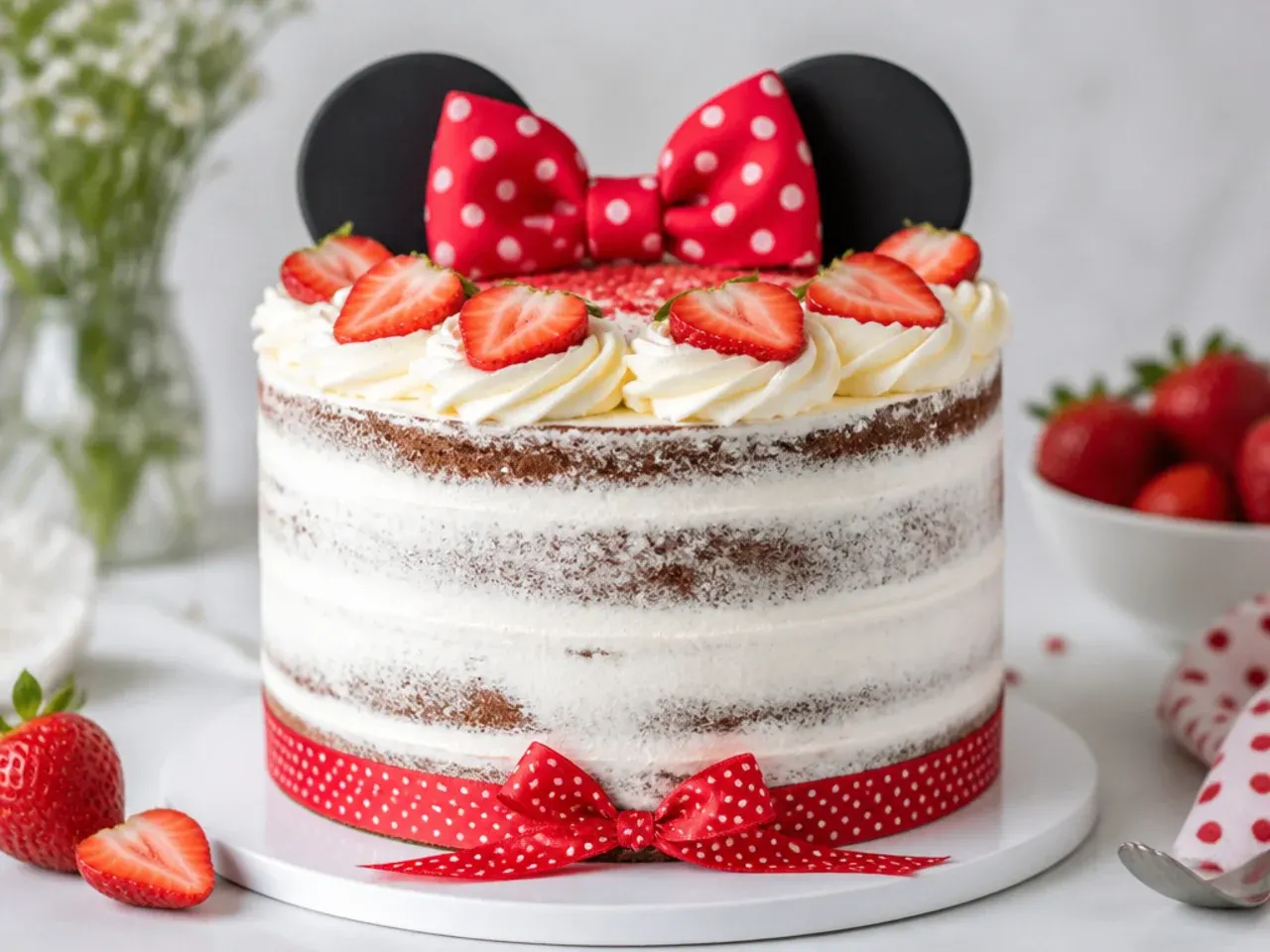 Rustic semi-naked Minnie Mouse inspired cake with fresh strawberries and ribbon bow