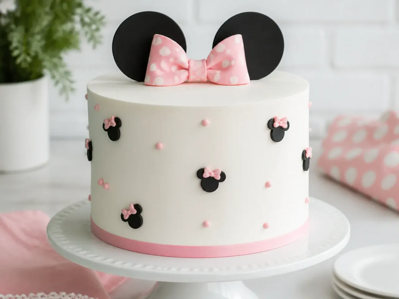 Minimal white Minnie Mouse cake with black ears and bow topper