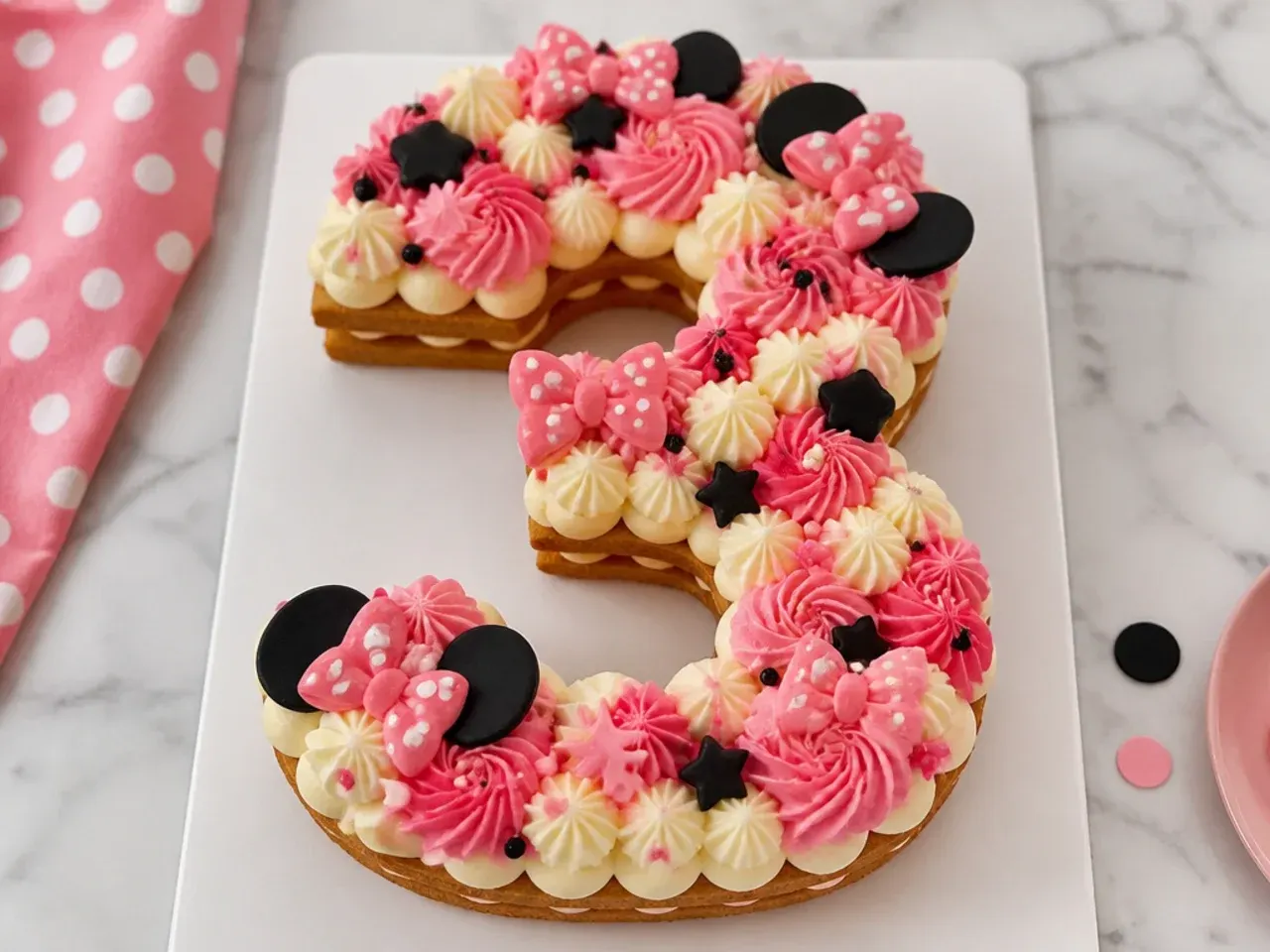 Minnie Mouse number cake with piped buttercream, sprinkle dots and mini bows