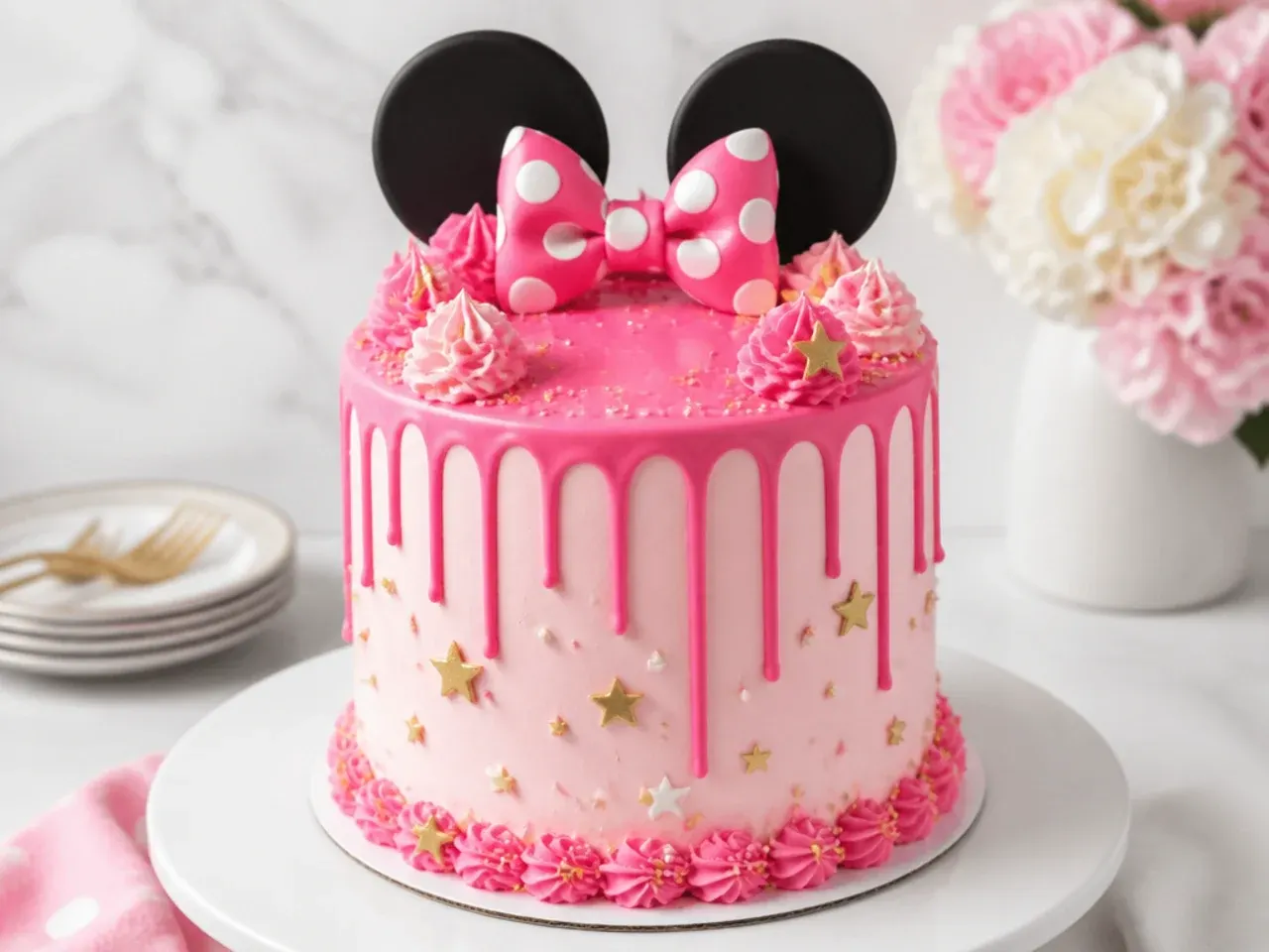 Pink drip Minnie Mouse birthday cake with gold star sprinkles