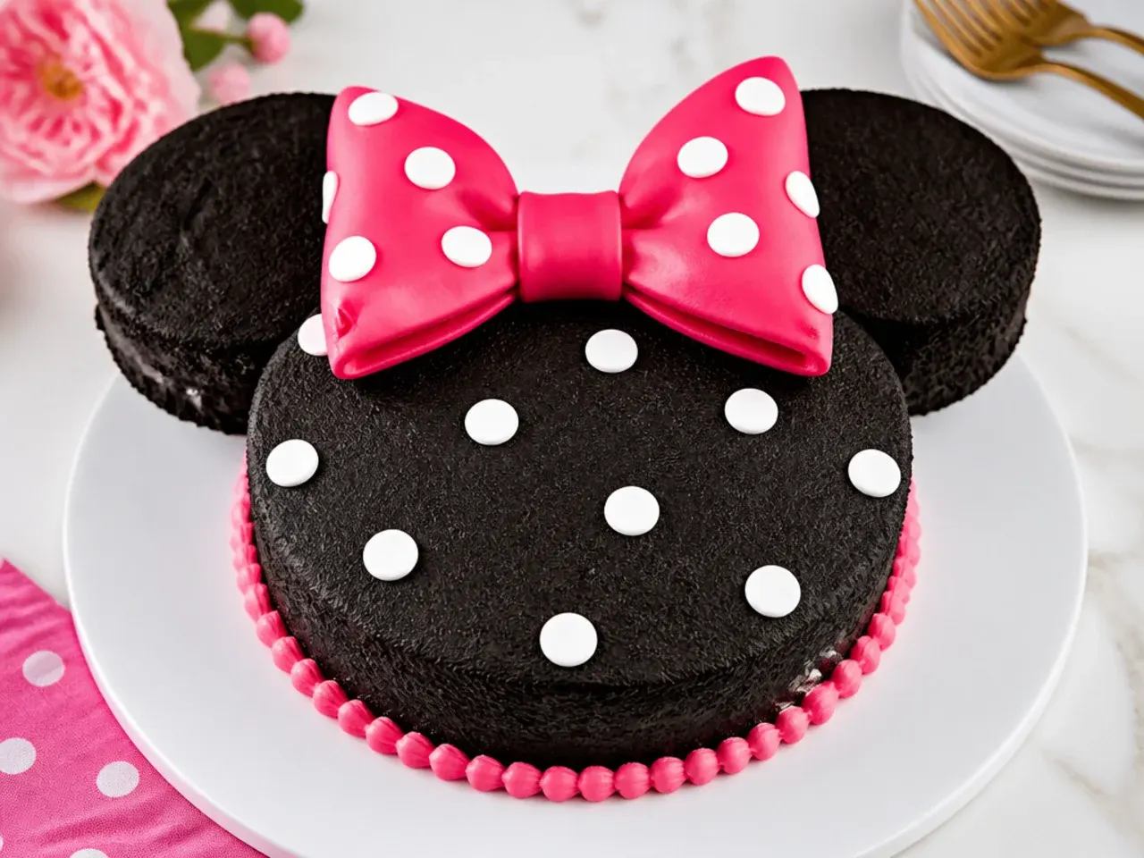 Black cocoa Minnie Mouse cake with hot pink bow and white polka dots