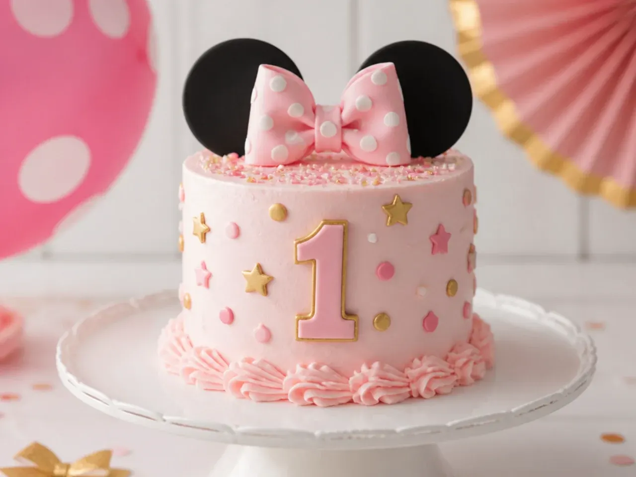 Pastel pink Minnie Mouse smash cake for a first birthday