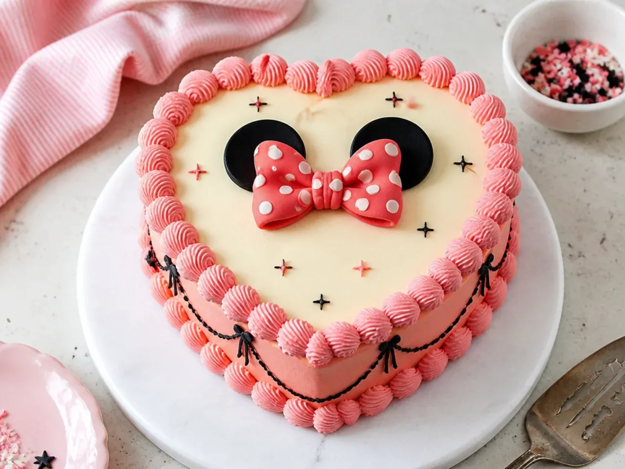 Vintage heart-shaped Minnie Mouse cake with piped shell borders