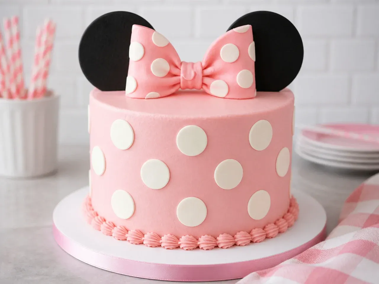 Minnie Mouse cake with frozen buttercream transfer polka dots and bow