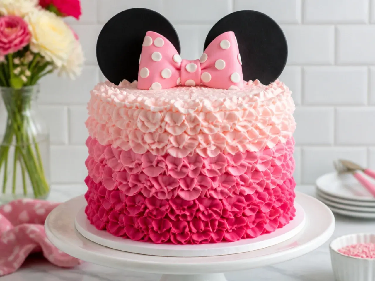 Ombre ruffle Minnie Mouse cake piped in three shades of pink