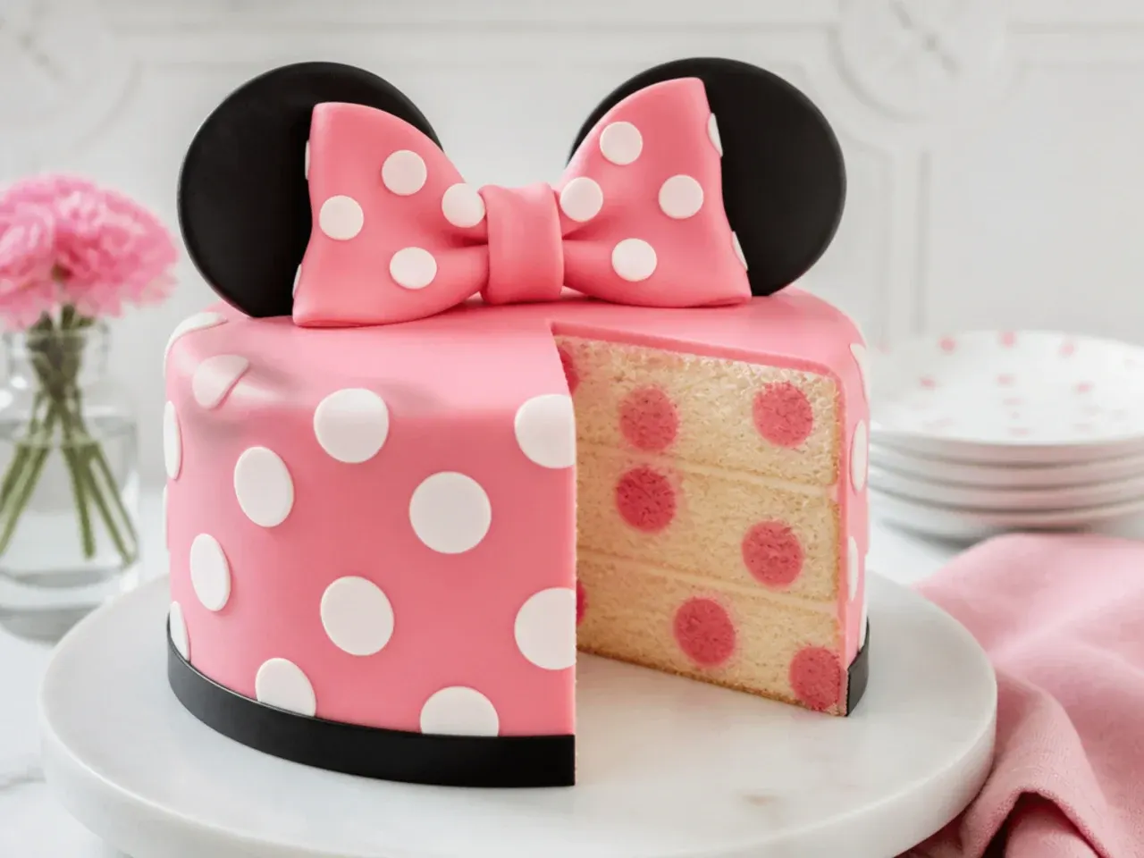 Polka dot surprise inside Minnie Mouse cake sliced to show pink dots