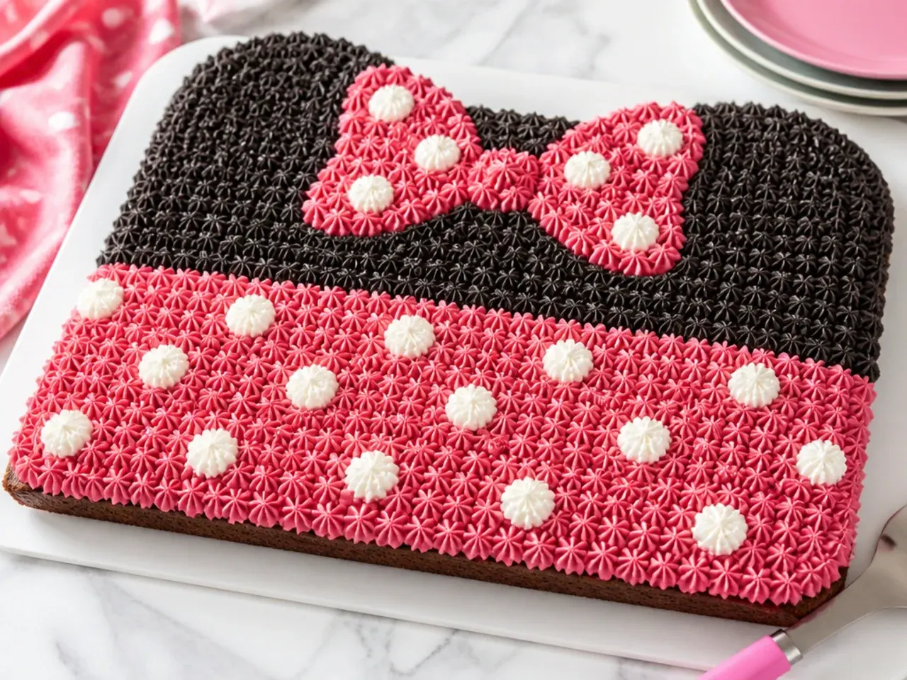 Easy Minnie Mouse traybake decorated with buttercream stars