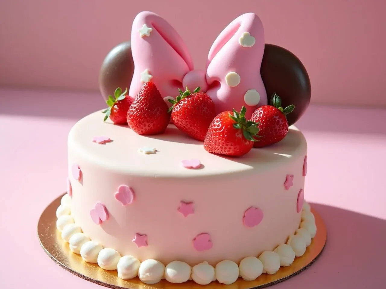 Elegant Minnie Mouse cake topped with pink chocolate-dipped strawberries